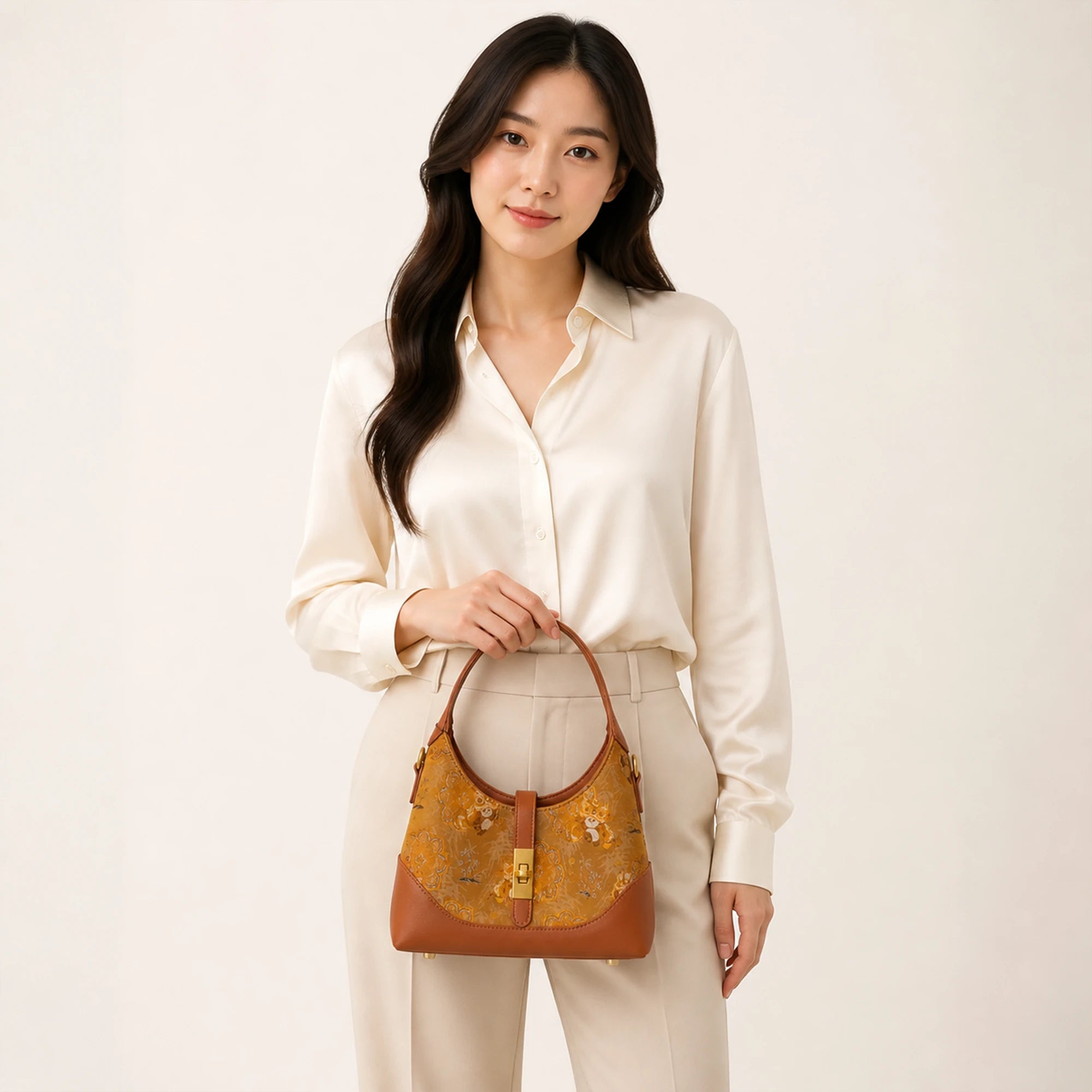 Chinoiserie Luxury Song Brocade Golden Panda Lion Dance Leather Shoulder Bag