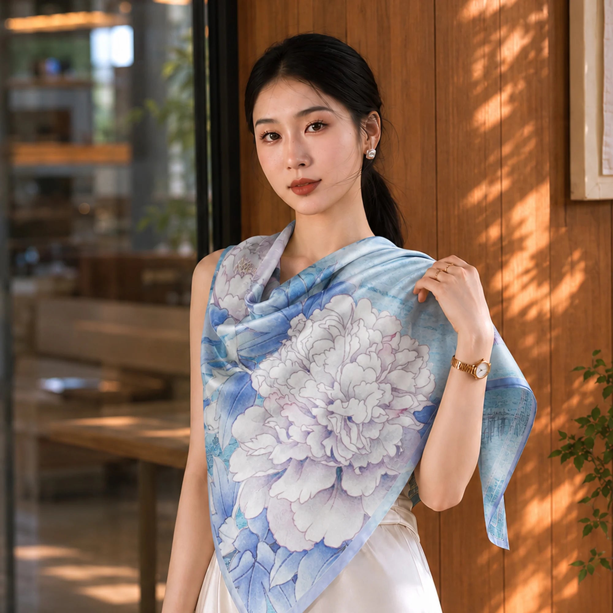 Peony Blossom Chinese Mulberry Silk Square Scarf