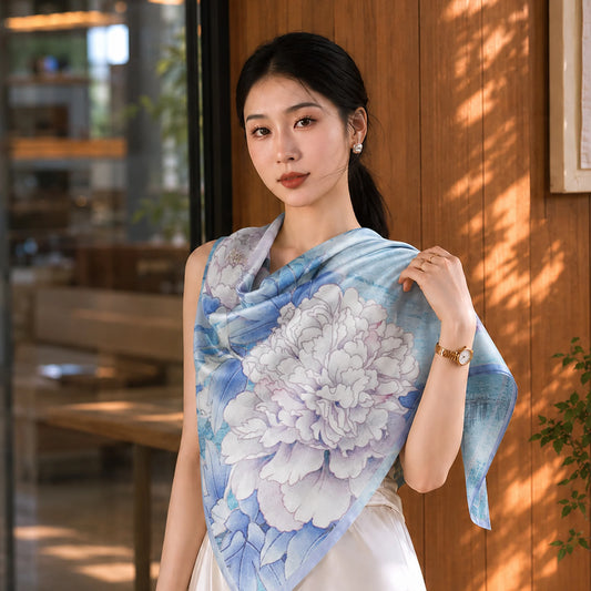 Peony Blossom Chinese Mulberry Silk Square Scarf