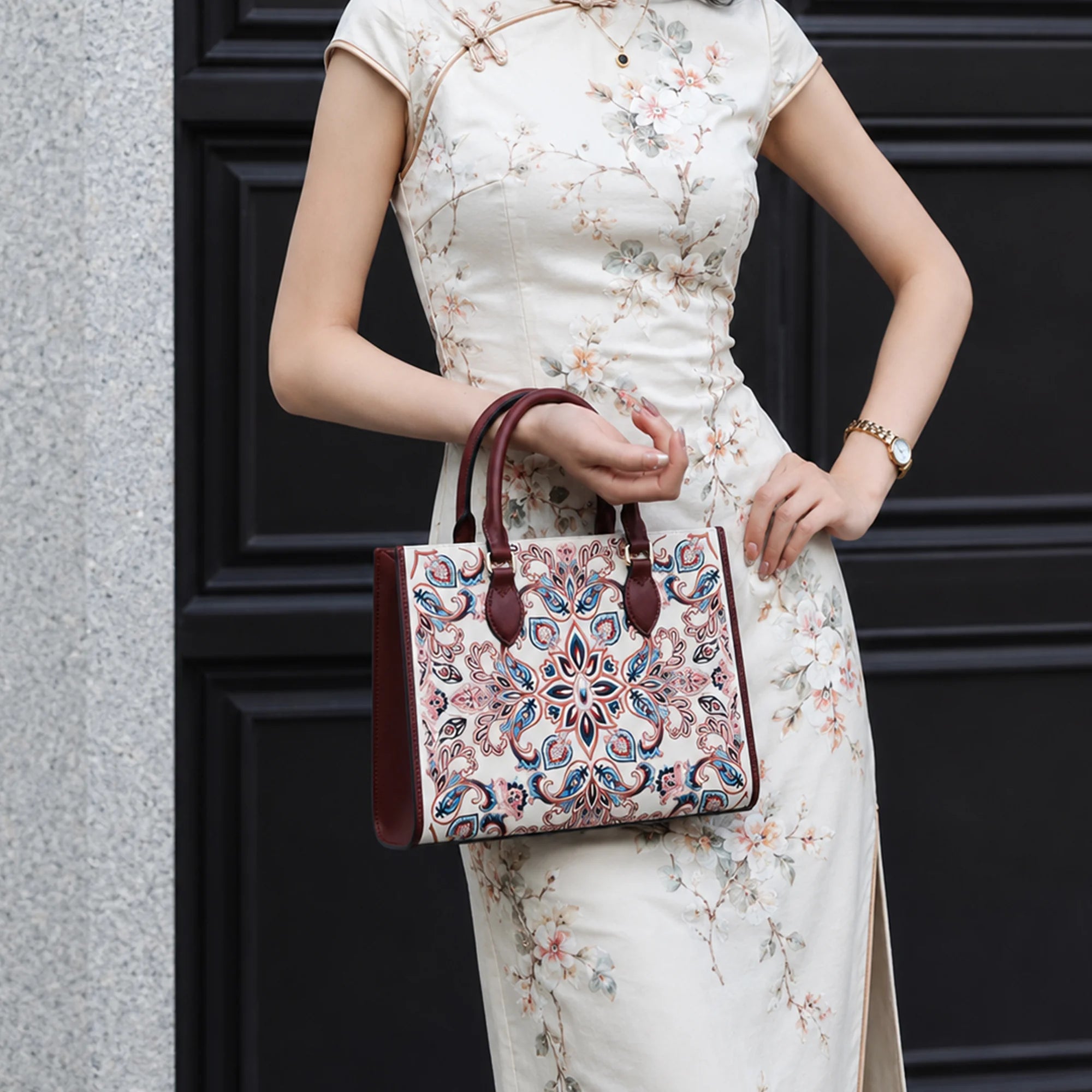 Heritage Baoxiang Flower Motif Su Embroidery Leather Tote Bag
