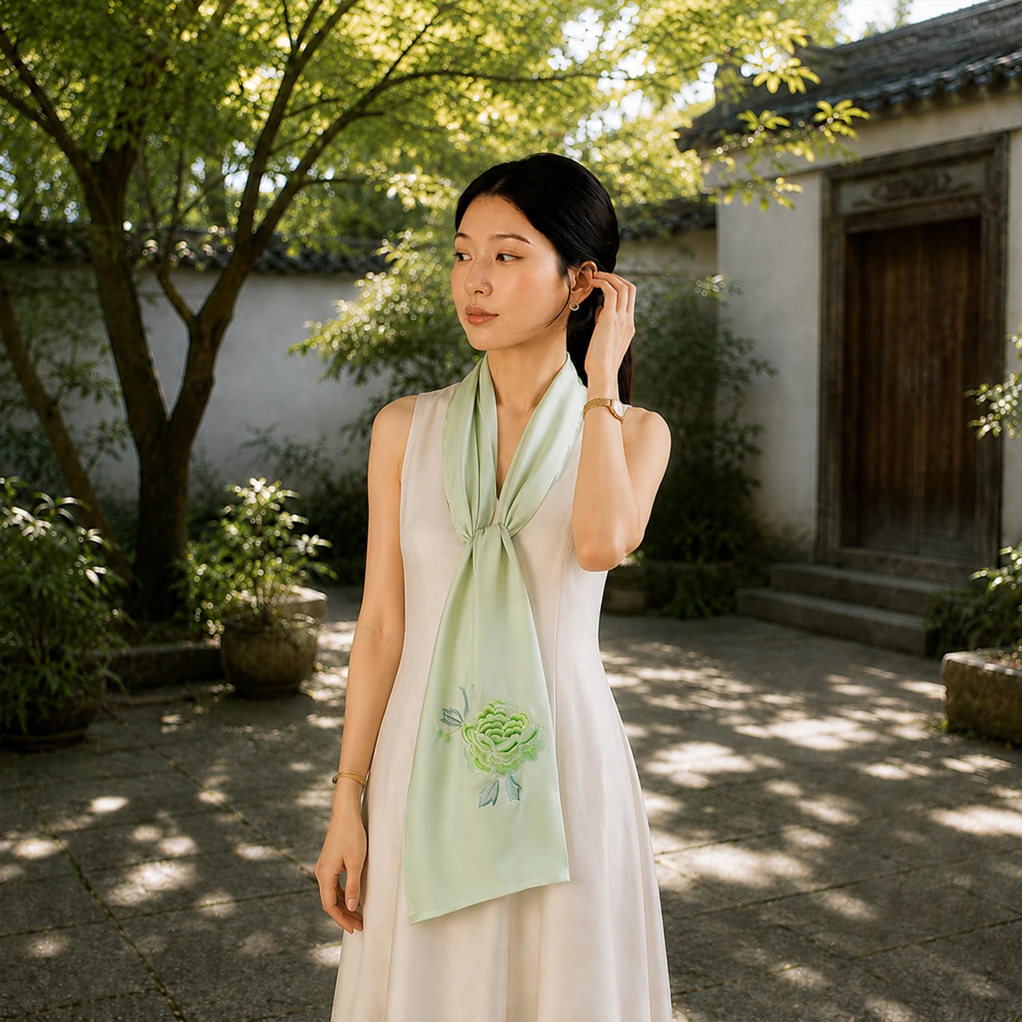 Hand-Embroidered Su Embroidery Mulberry Silk Scarf — "Jade Blossom"