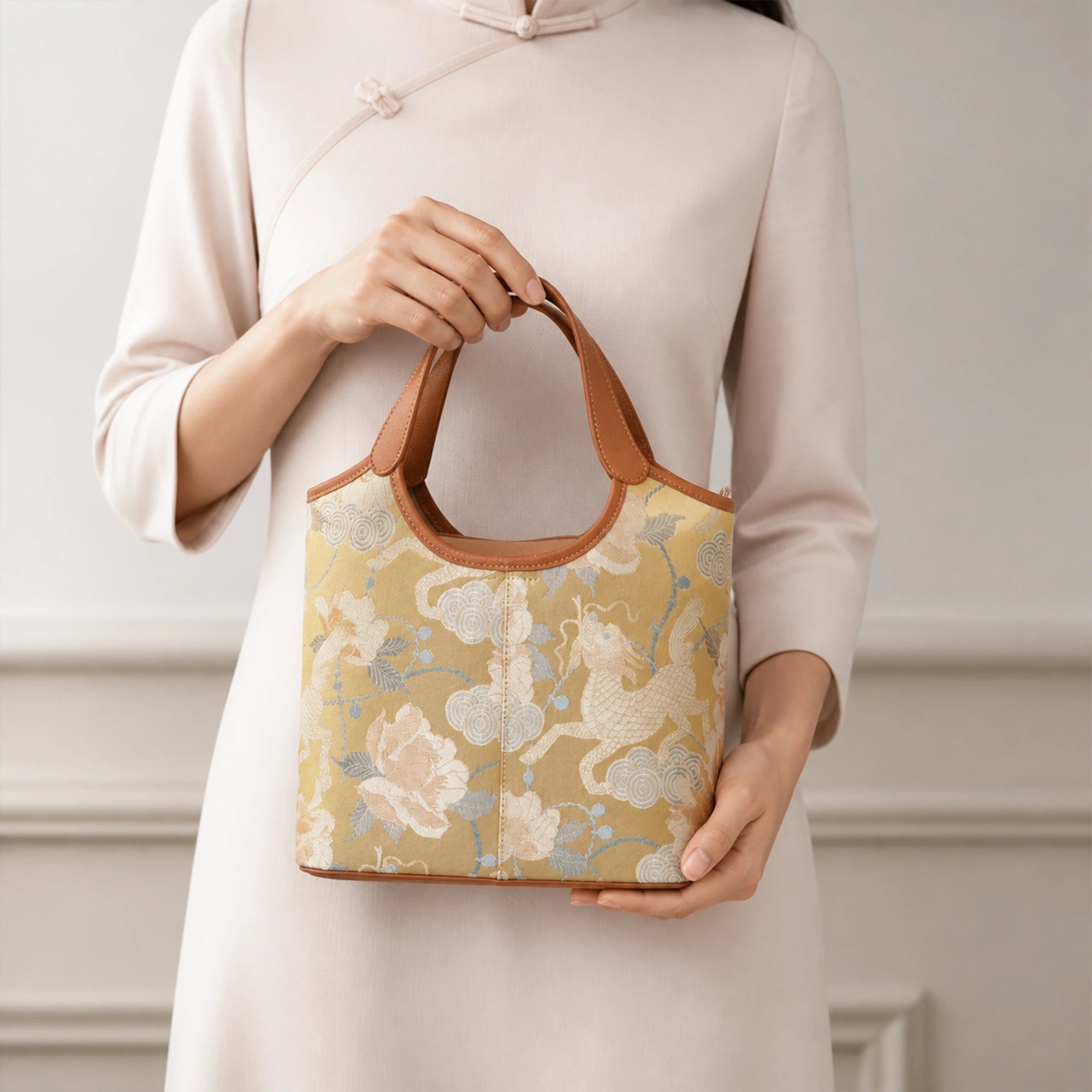 Luxury Song Brocade Golden Qilin Peony Leather Handbag