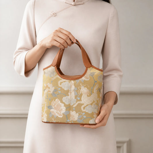 SinoCrafted golden Qilin and peony Song brocade handbag with brown leather handles