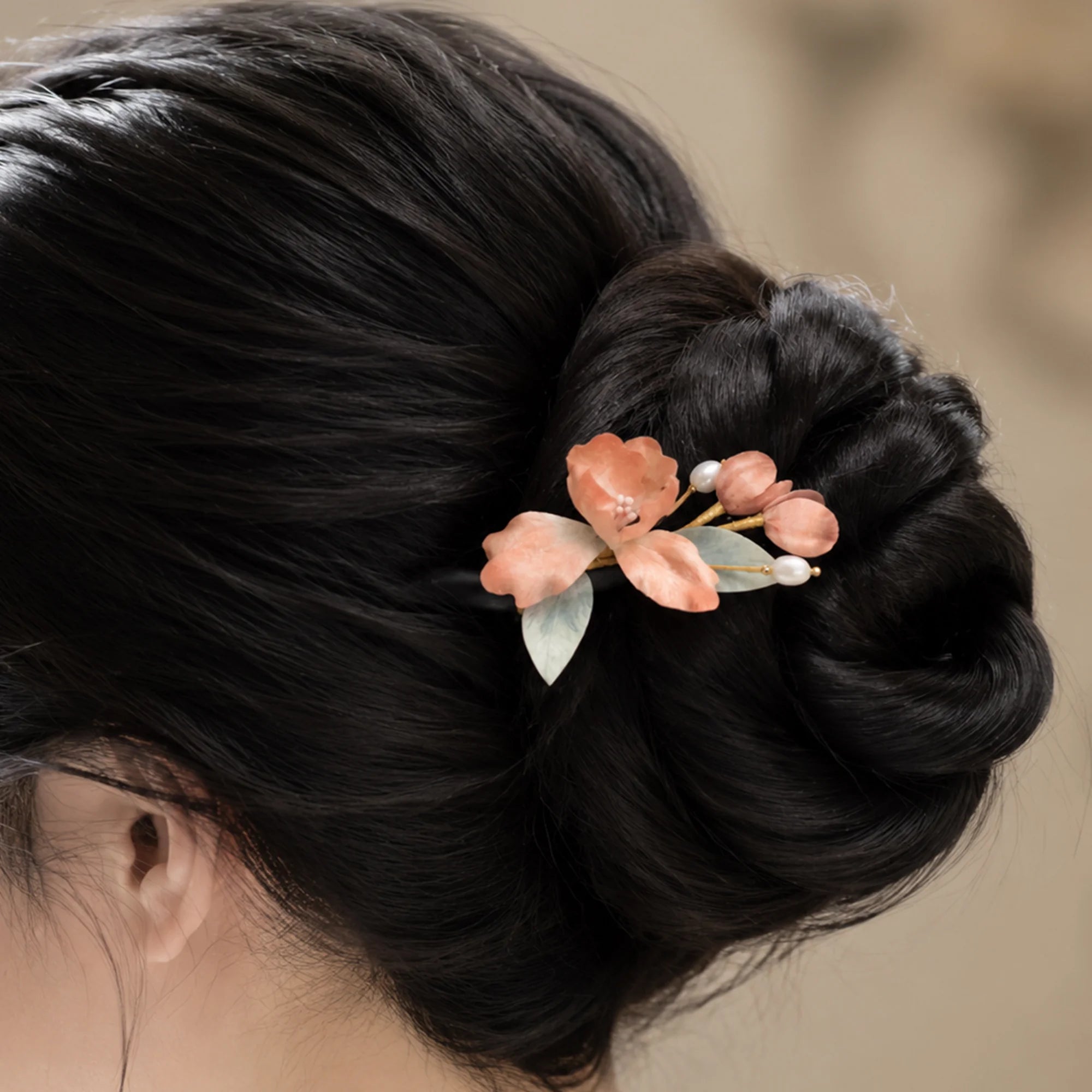 Heritage Ronghua Pink Iris Hair Pin Handcrafted Silk Blossom with Pearl Accents