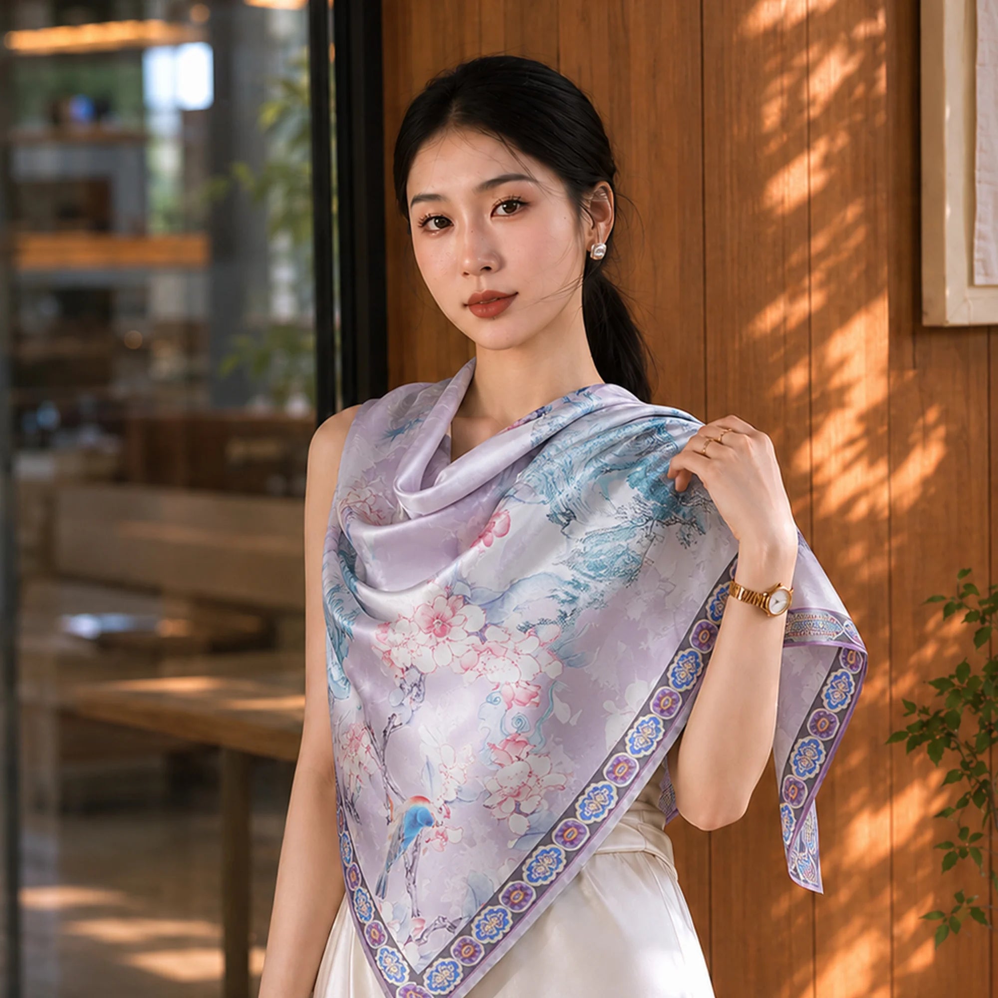 New Chinese Style Hua Luo Silk Scarf Double-Sided Mulberry Silk Shawl