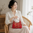 Load image into Gallery viewer, SinoCrafted red and gold Fu Lu gourd Song brocade handbag with genuine leather trim
