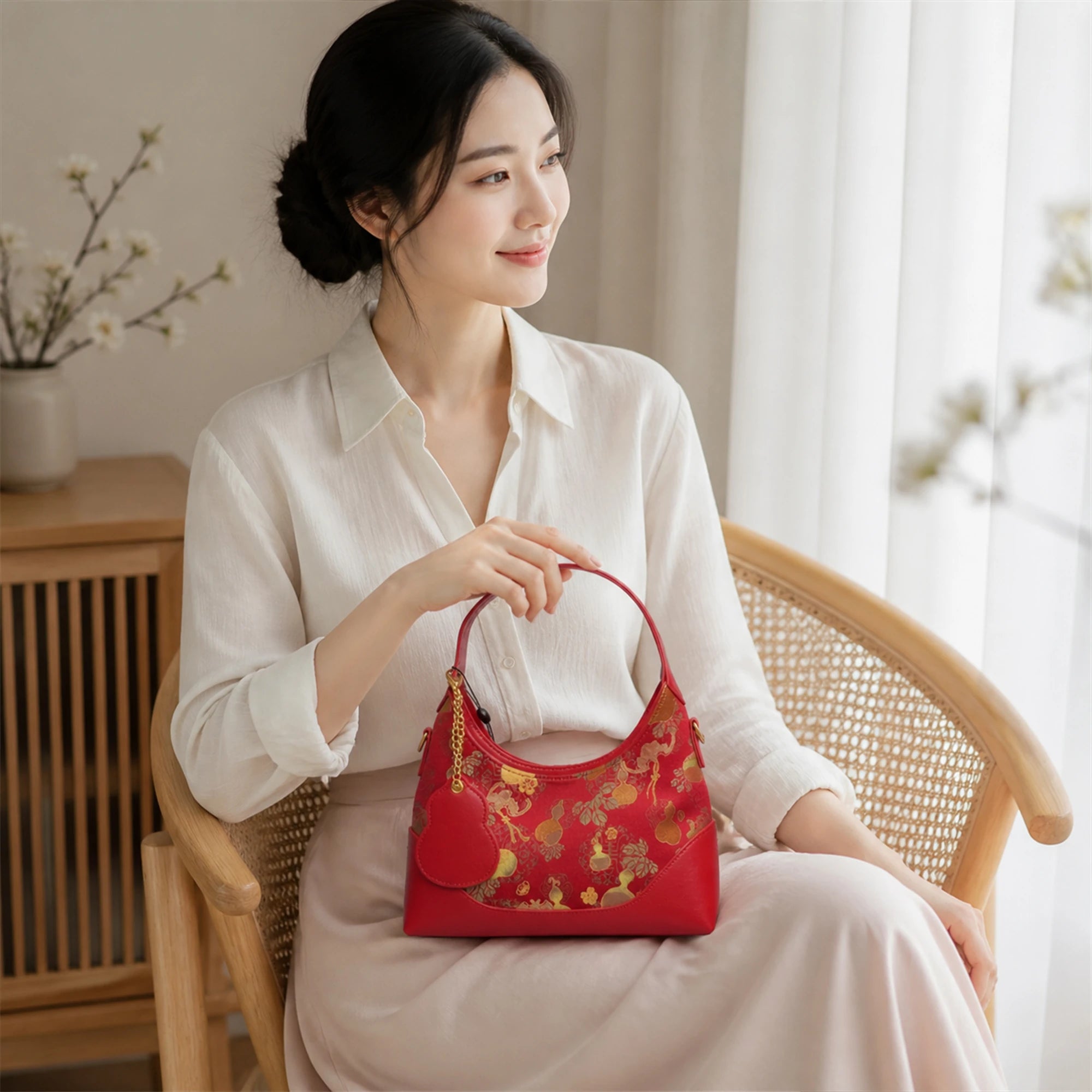 SinoCrafted red and gold Fu Lu gourd Song brocade handbag with genuine leather trim