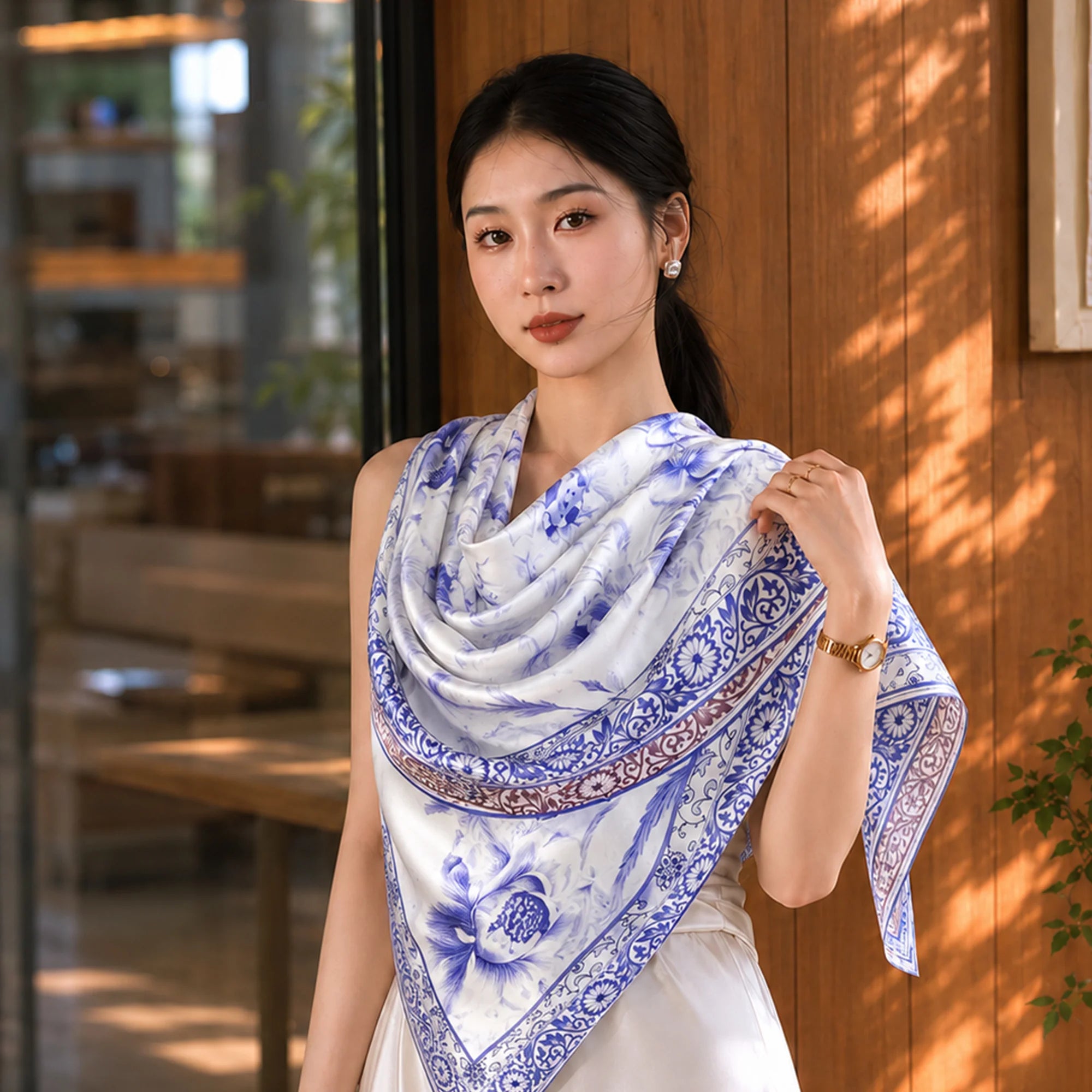 New Chinese Style Blue and White Porcelain Pattern Mulberry Silk Square Scarf