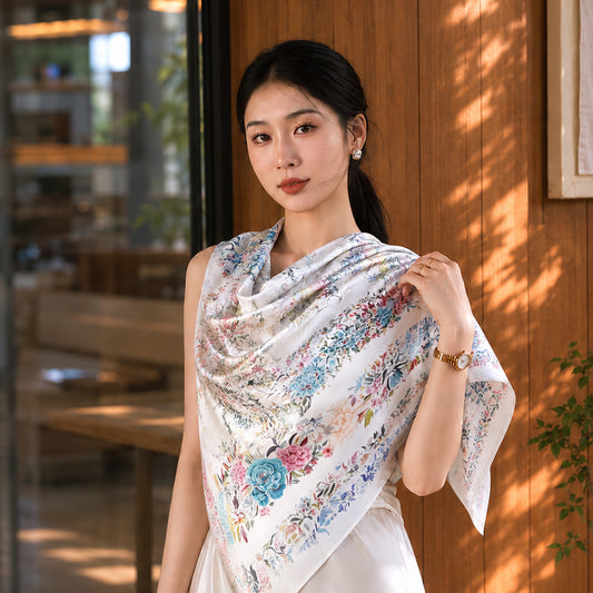 Luxury Birds & Blooms Jacquard Chinese Mulberry Silk Square Scarf