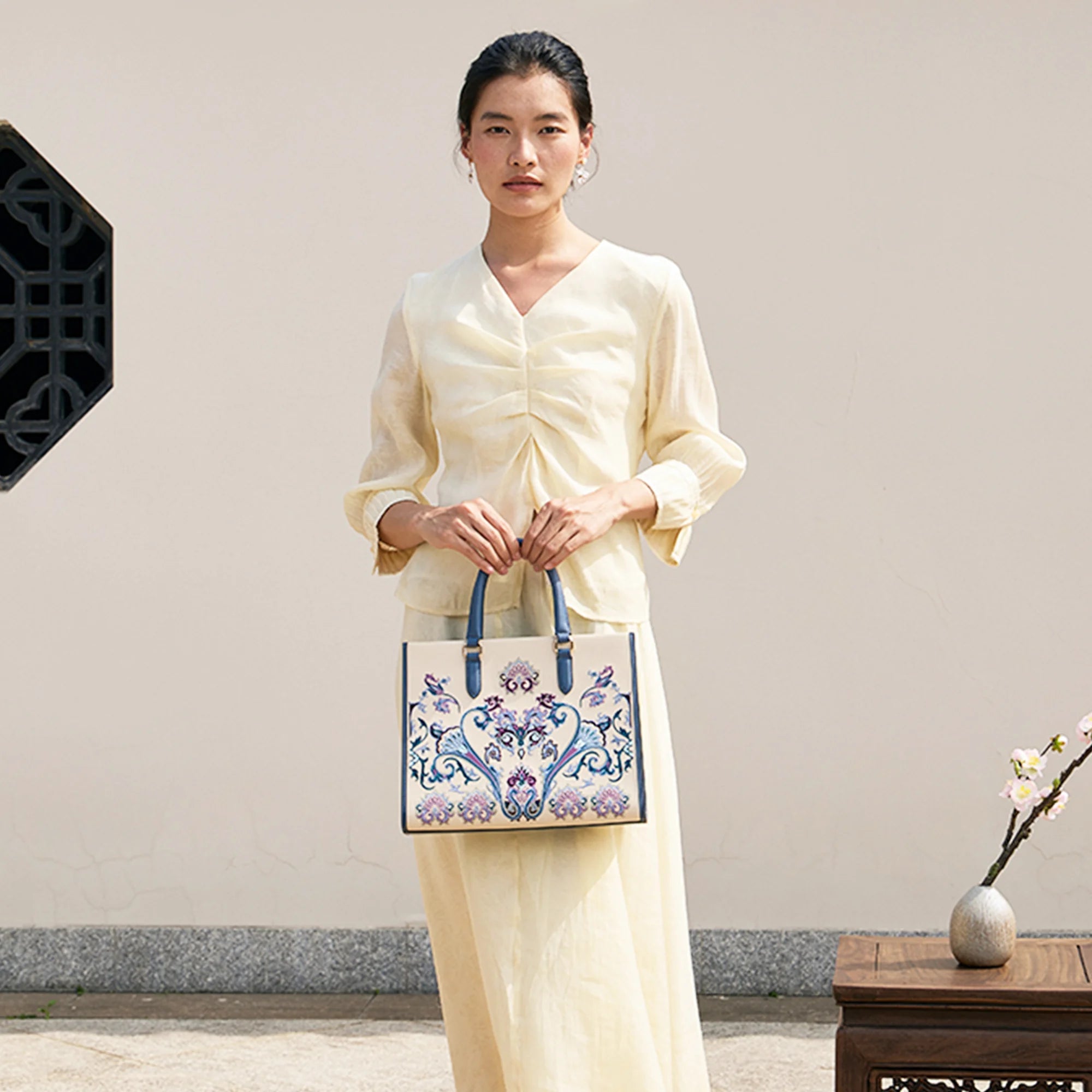 Heritage Baoxiang  Navy Leather Trim Embroidery Tote Bag