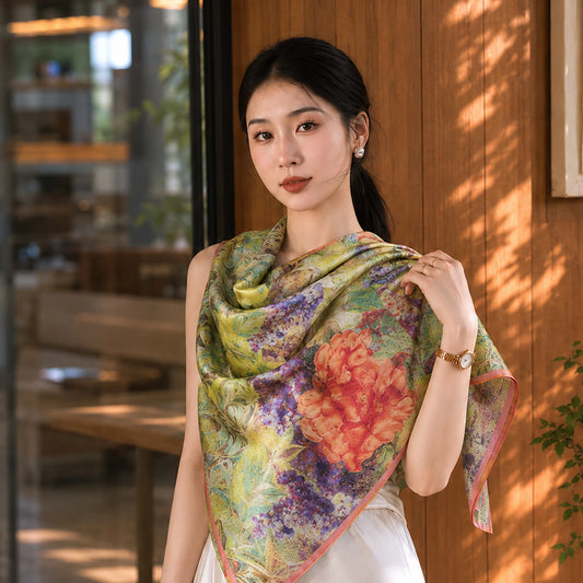 Luxury Floral Whisper Hua Luo Silk Chinese Mulberry Silk Square Scarf