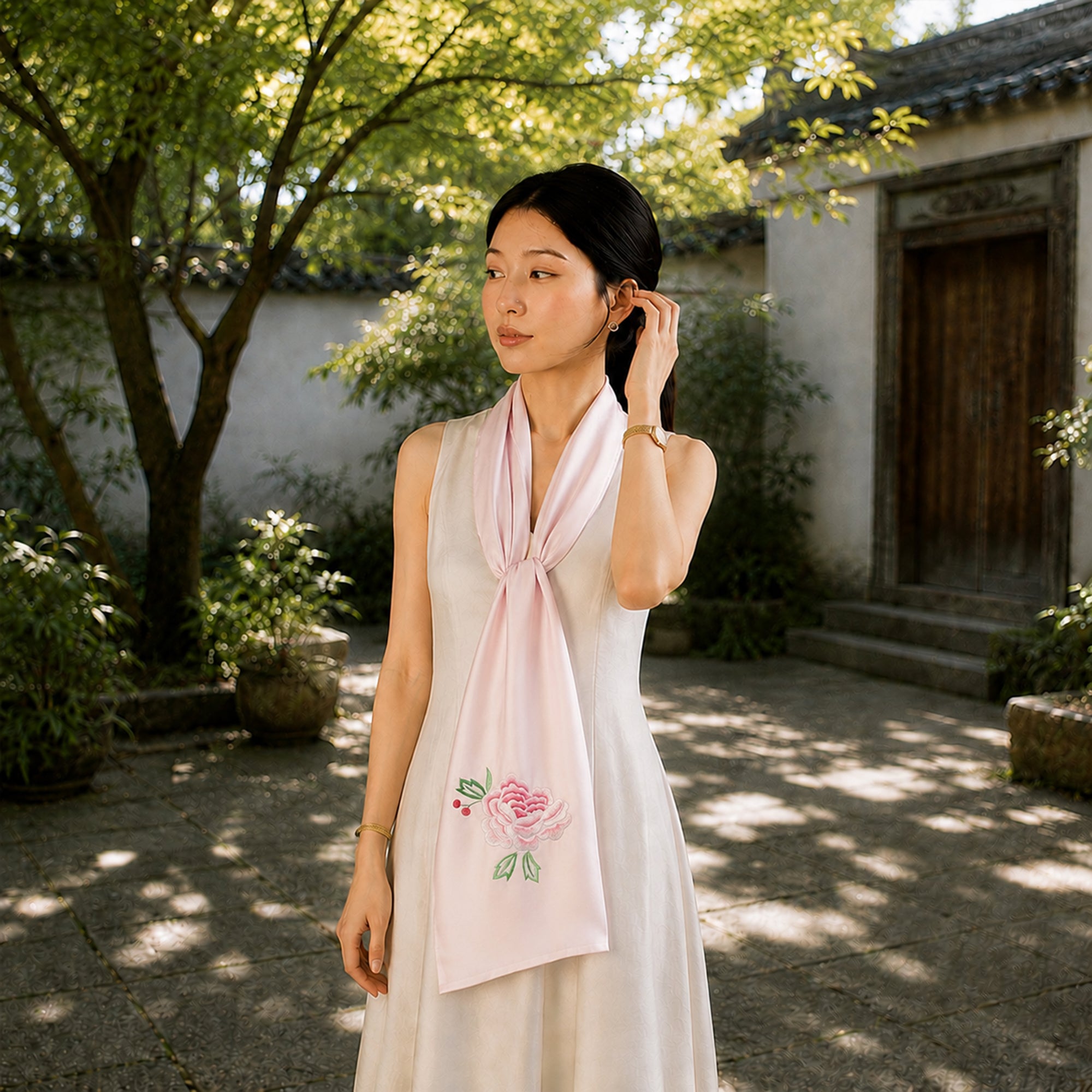 Heritage Peony Motif Su Embroidery Mulberry Silk Scarf — "Crown of Spring"
