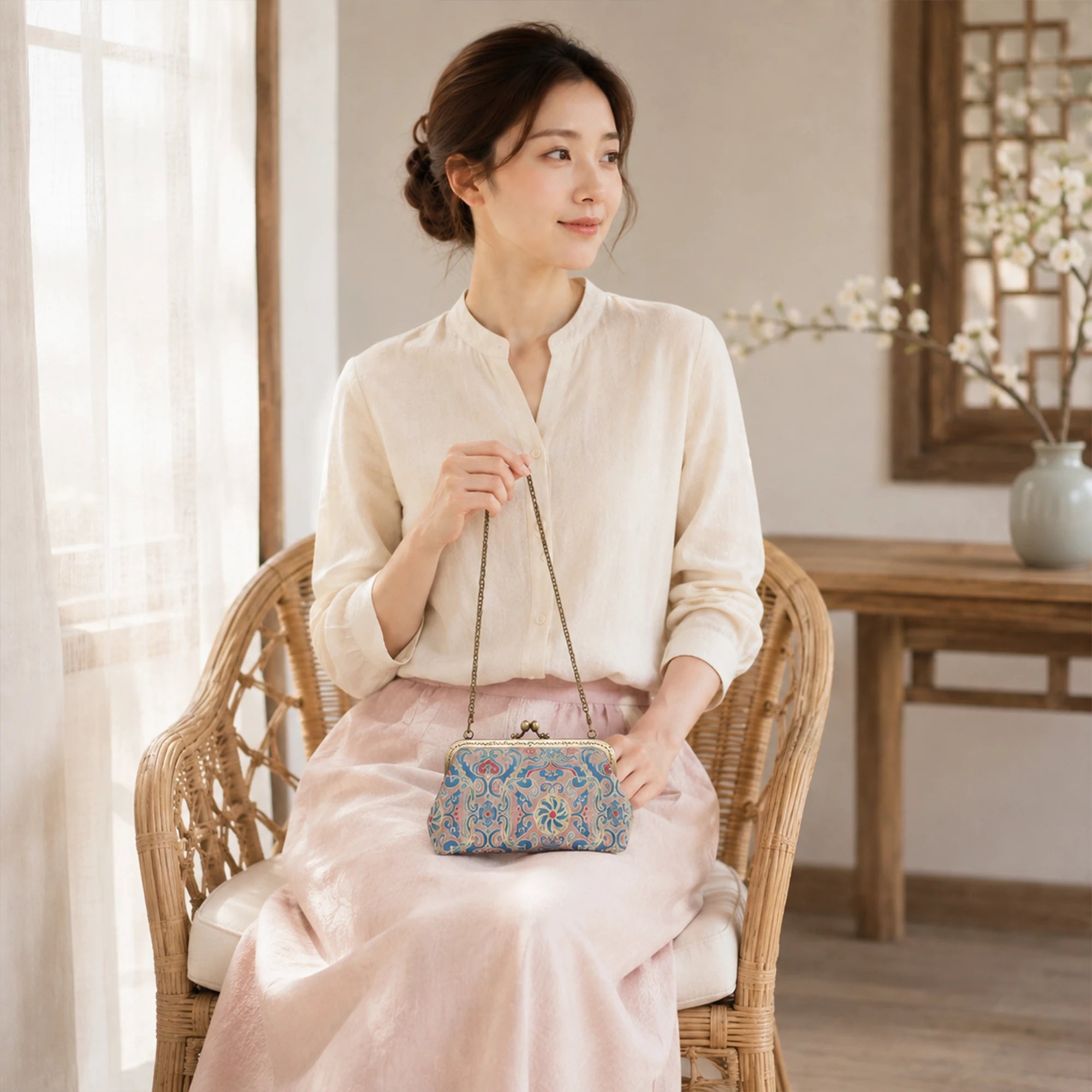Luxury Chinese Blue Song Brocade Silk Frame Handbag with Traditional Scroll Motif