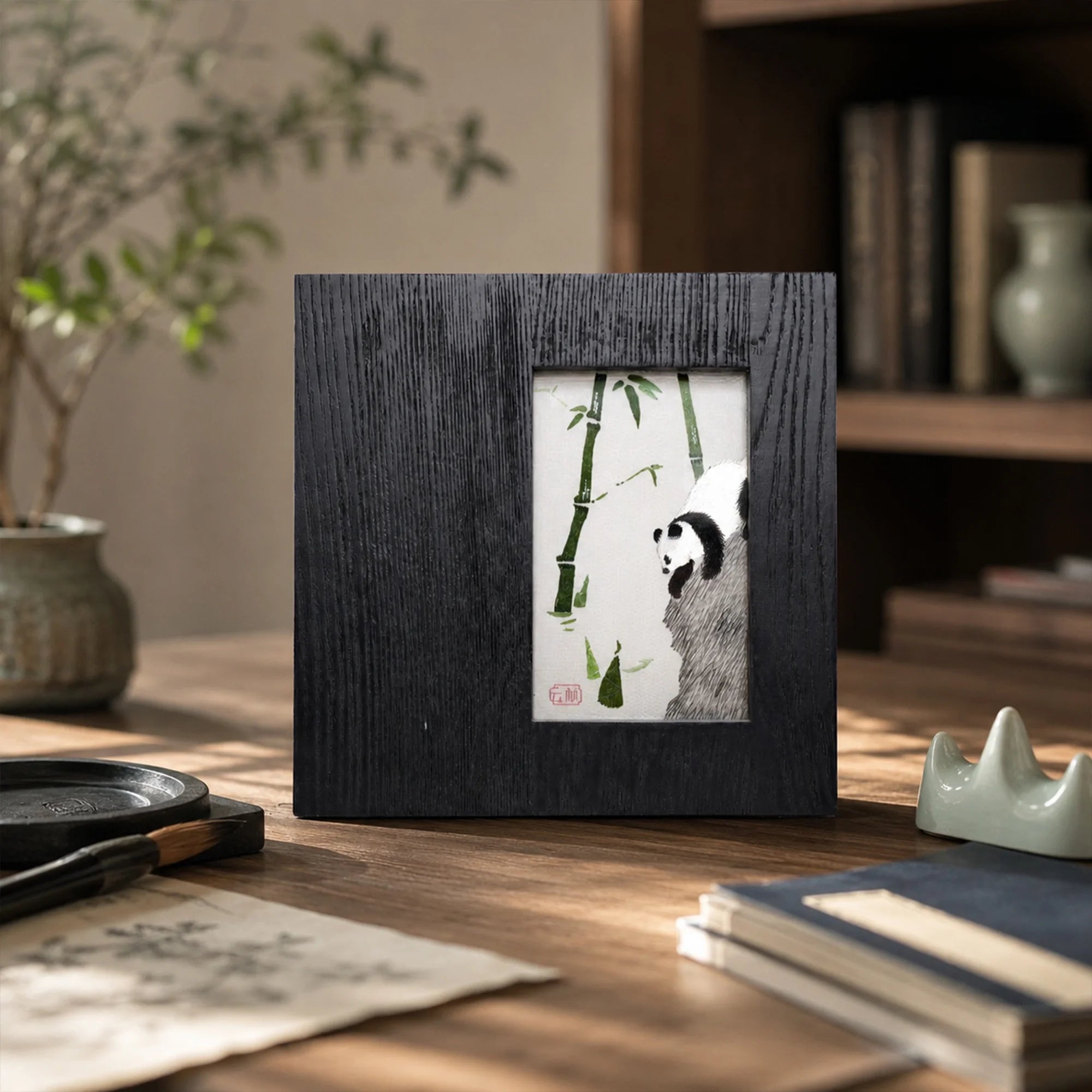 Museum-Quality Handcrafted Suzhou Double-Sided Embroidery Ornament — Bamboo Shadows & Panda, "Zhú Jiān Méng Yǐng"