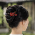 Load image into Gallery viewer, Heritage Ronghua Red Plum Comb Hair Pin Handcrafted Silk Blossom on Wooden Hair Stick
