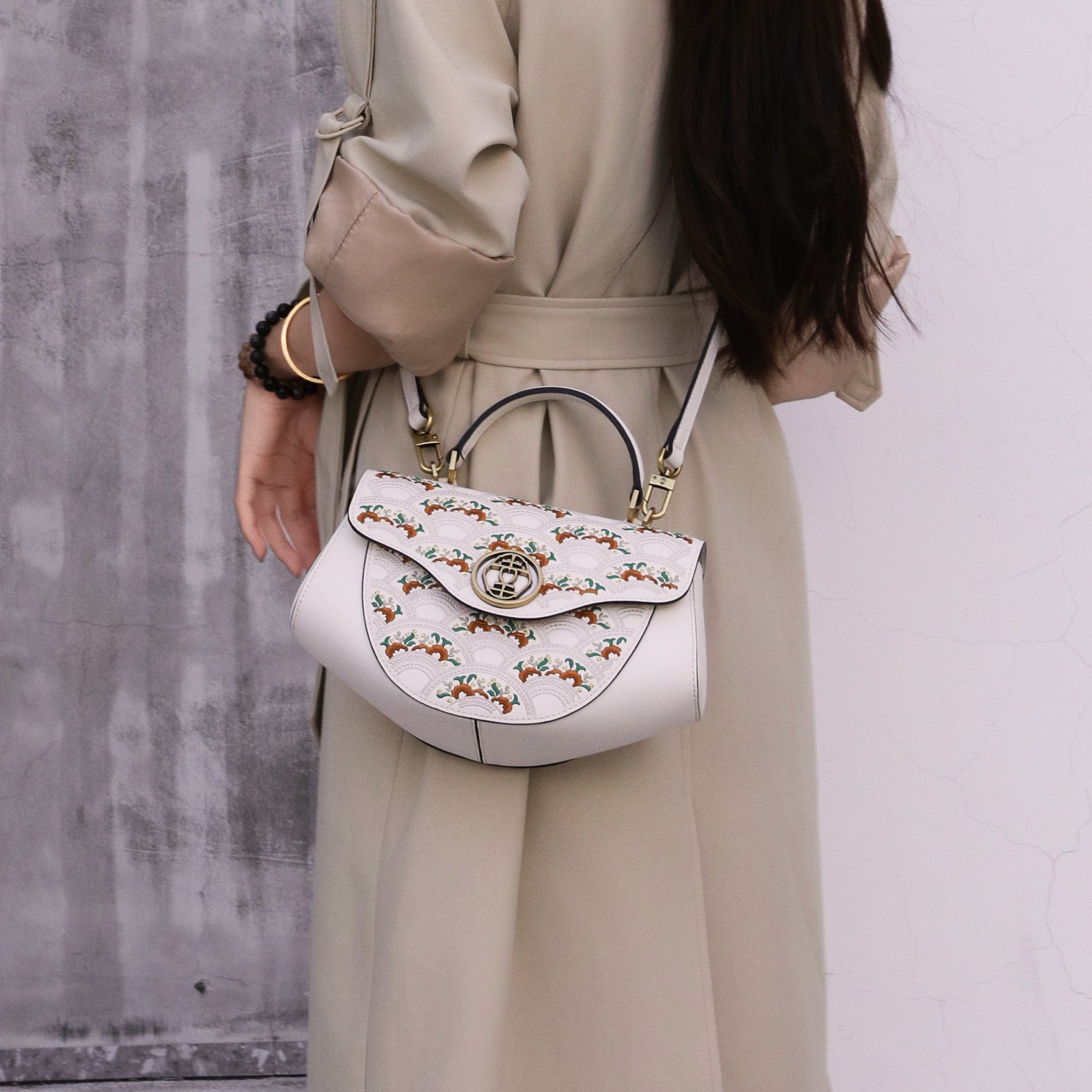 Floral Wave Embroidered Genuine Leather Top Handle Satchel Bag