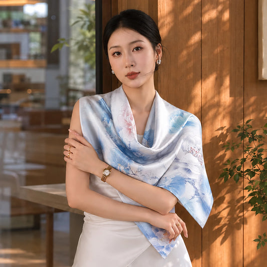 New Chinese Style Blue Shawl Long Scarf Mulberry Silk Square Scarf