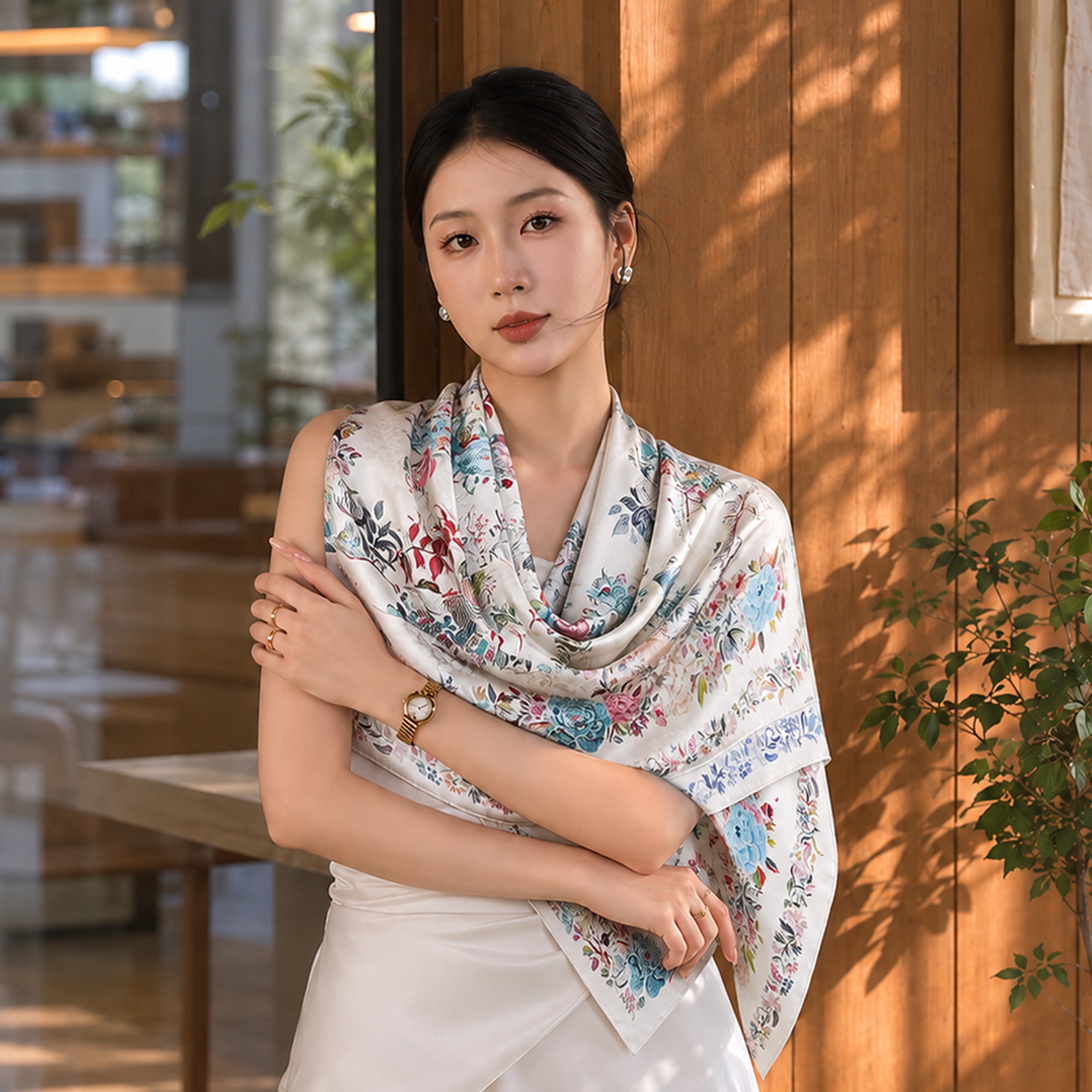 Luxury Birds & Blooms Jacquard Chinese Mulberry Silk Square Scarf