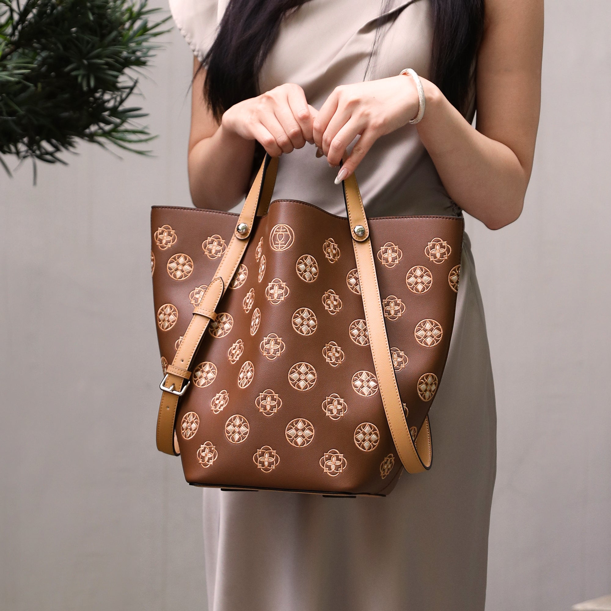 Embroidered Genuine Leather Bucket Tote Bag with Adjustable Strap