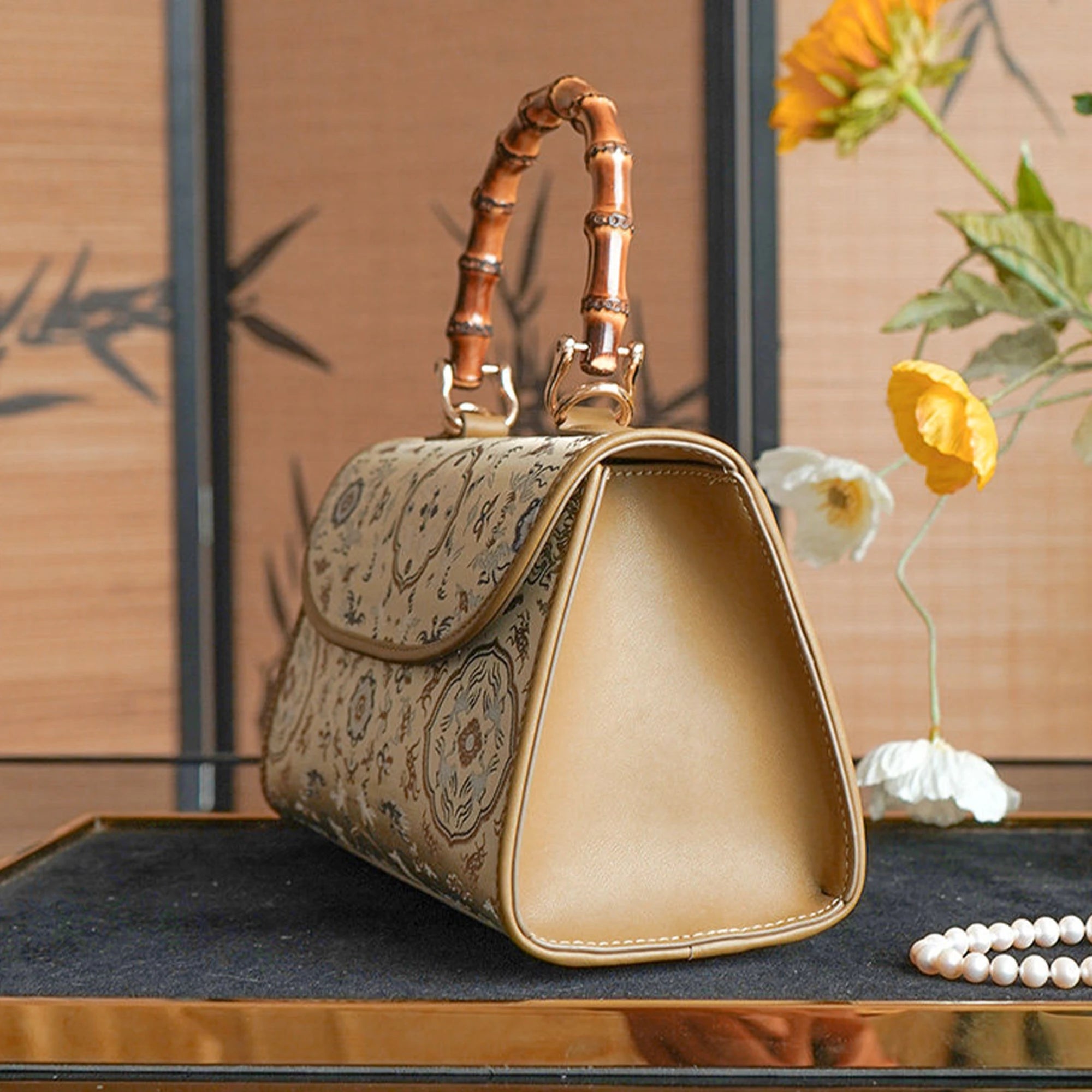 SinoCrafted green Crane and Deer Song brocade handbag with genuine leather trim and natural bamboo handle