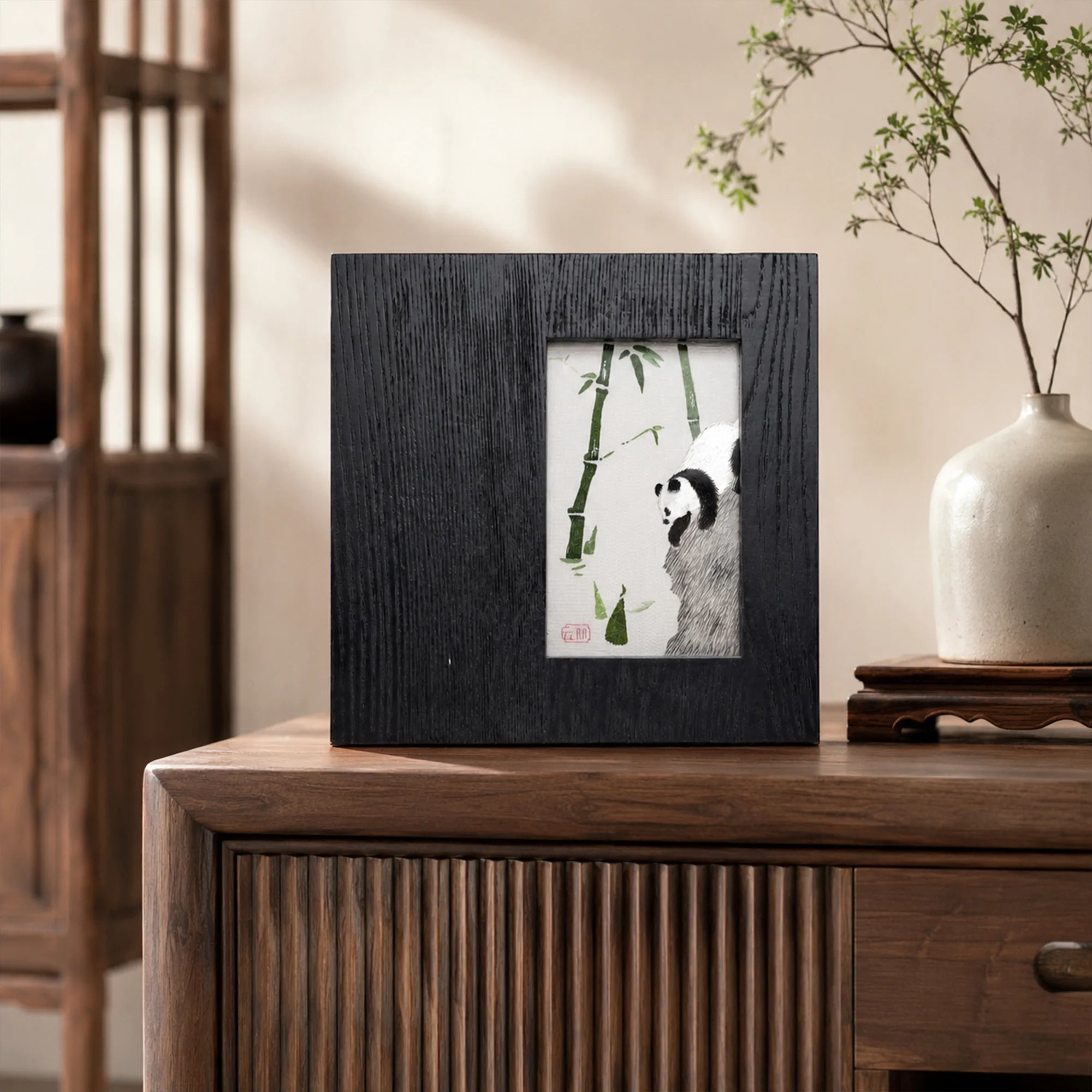 Museum-Quality Handcrafted Suzhou Double-Sided Embroidery Ornament — Bamboo Shadows & Panda, "Zhú Jiān Méng Yǐng"