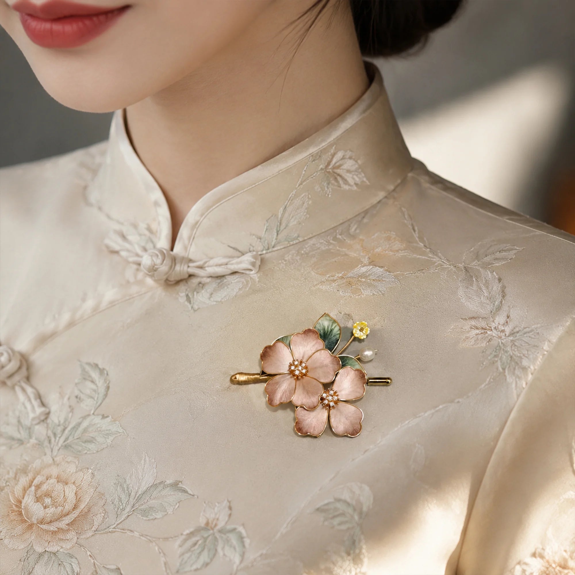 Heritage Ronghua Pink Brooch Handcrafted Enamel Floral Pin with Pearl Drop