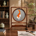 Load image into Gallery viewer, Reverse side of double-sided embroidery featuring orange and white cat in same playful pose with grasshopper on gray silk
