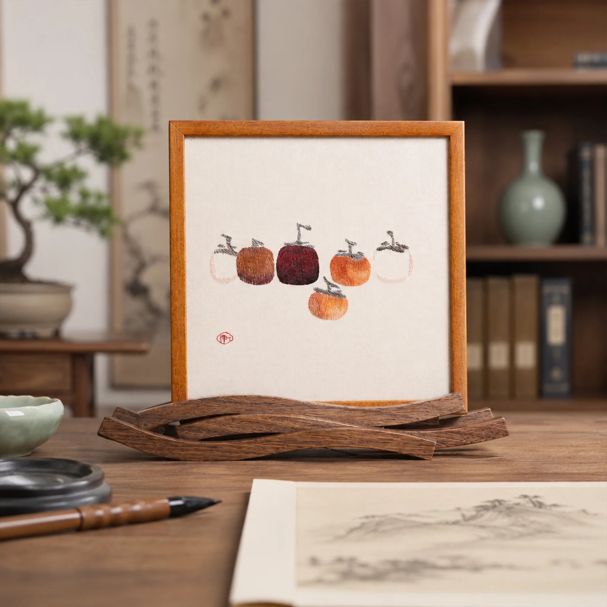 Museum-Quality Handcrafted Silk Suzhou Double-Sided Embroidery Ornament — Moonrise Over the Sea: Six Persimmons