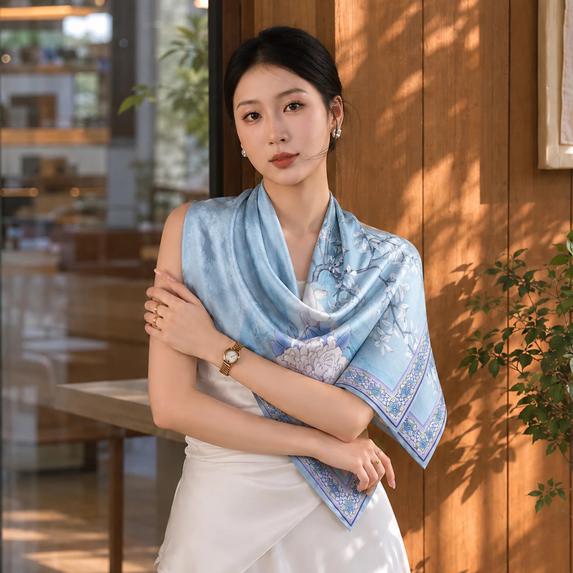 Peony Blossom Chinese Mulberry Silk Square Scarf