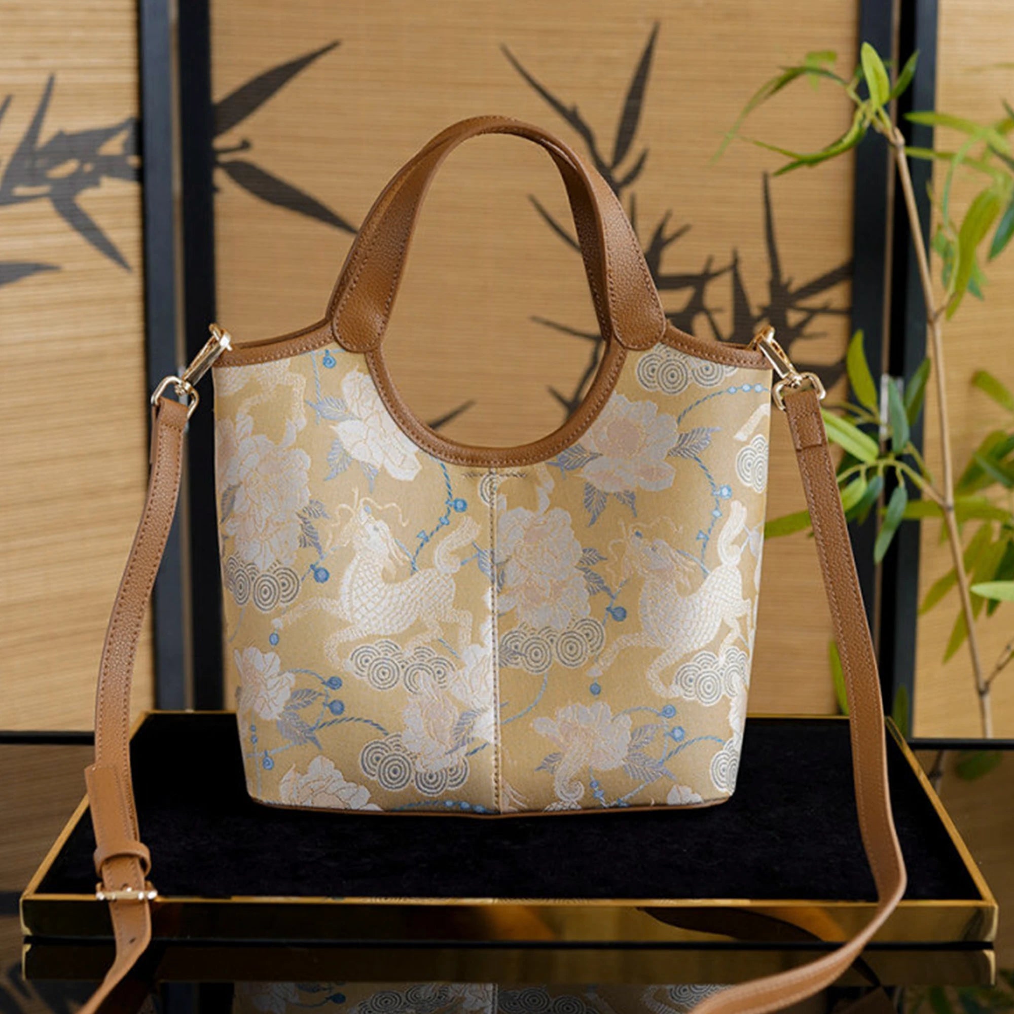 Luxury Song Brocade Golden Qilin Peony Leather Handbag