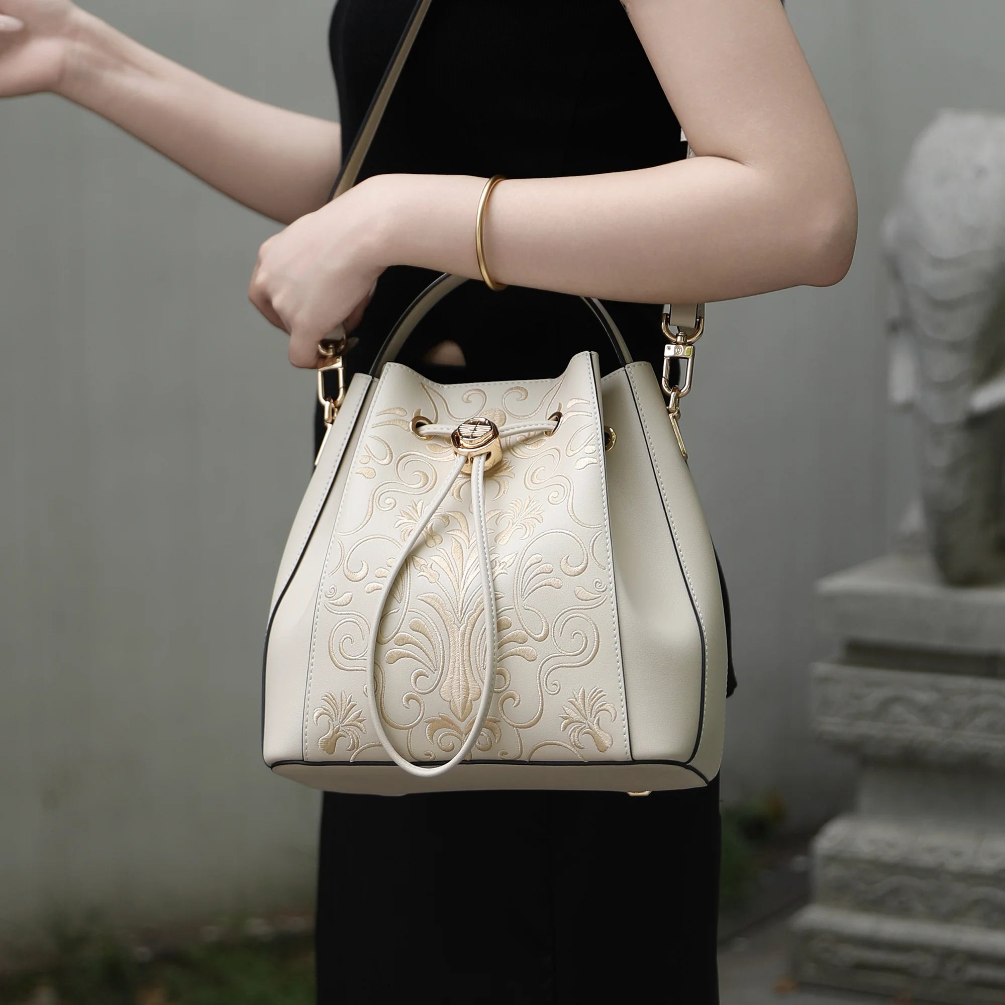 Heritage Gold Filigree Motif  Scroll Embroidery Bucket Bag