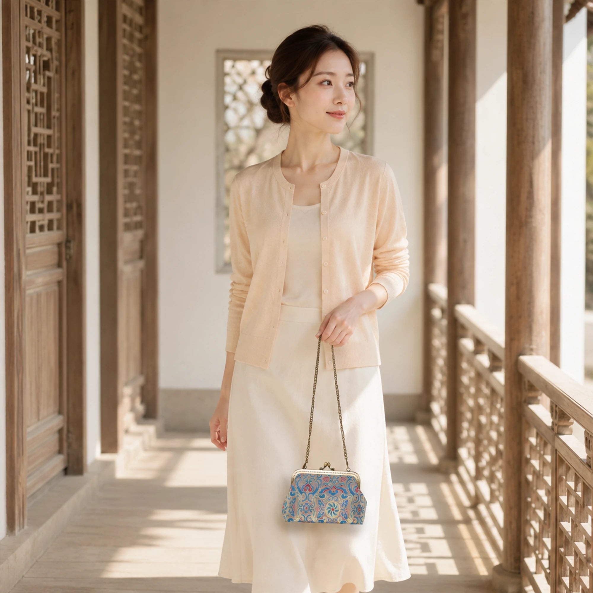 Luxury Chinese Blue Song Brocade Silk Frame Handbag with Traditional Scroll Motif