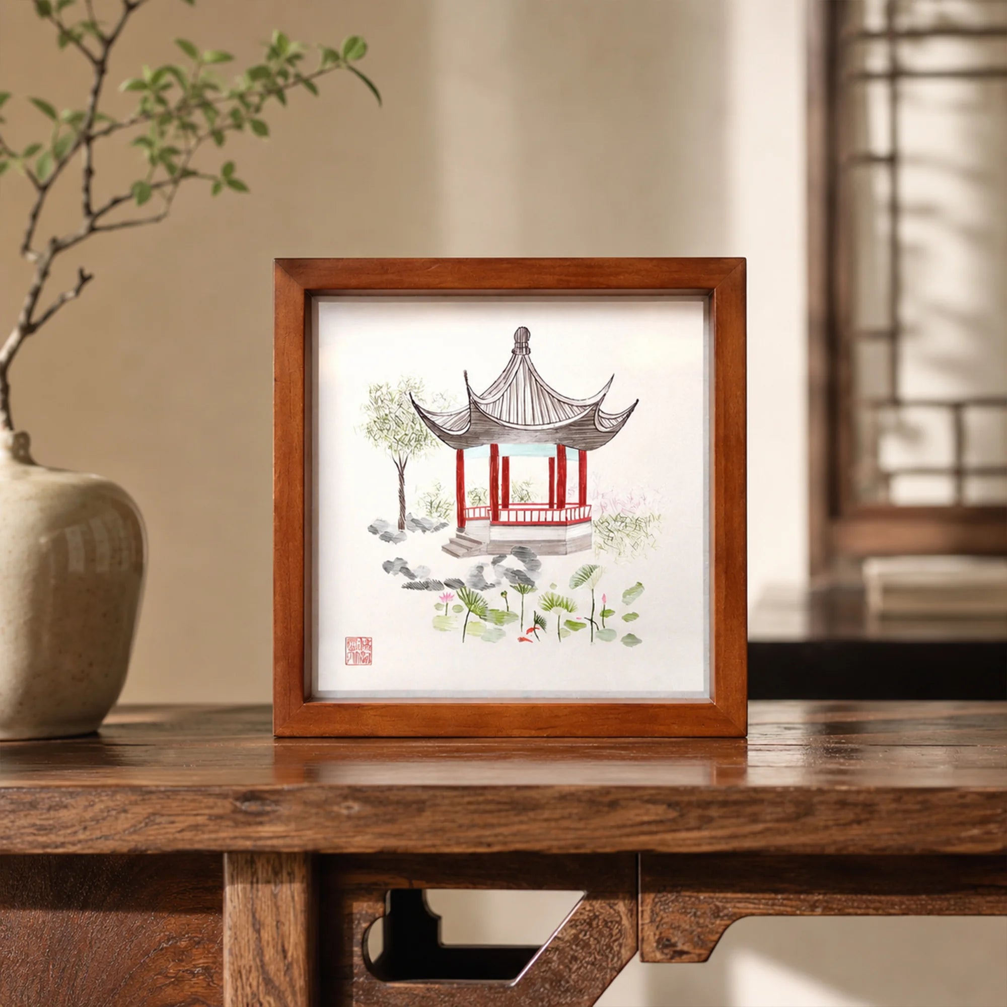 Master Handcrafted Suzhou Double-Sided Embroidery Ornament — Lotus Pavilion Garden Scene