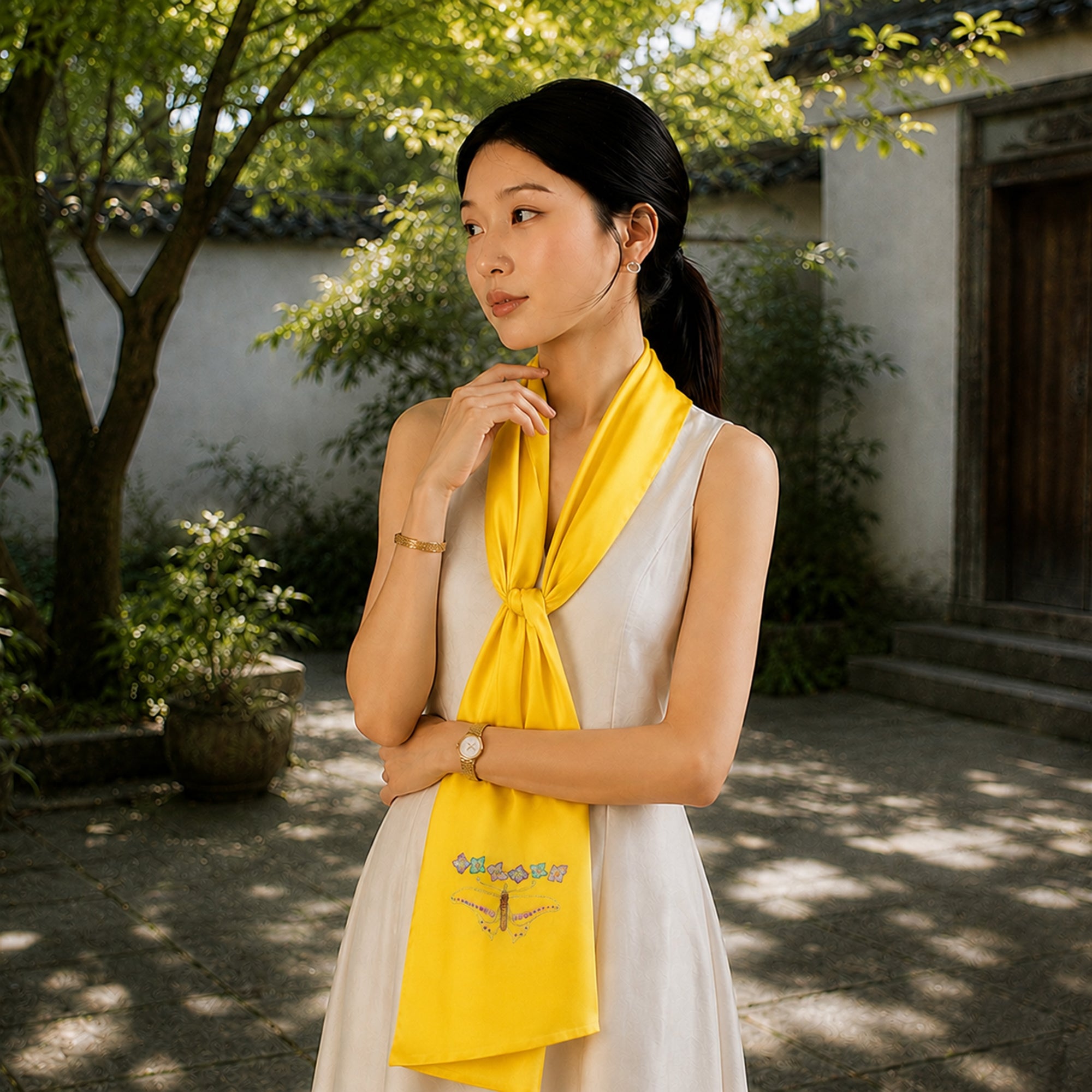 Heritage Butterfly Motif Su Embroidery Mulberry Silk Scarf — "Wings of Reverie"
