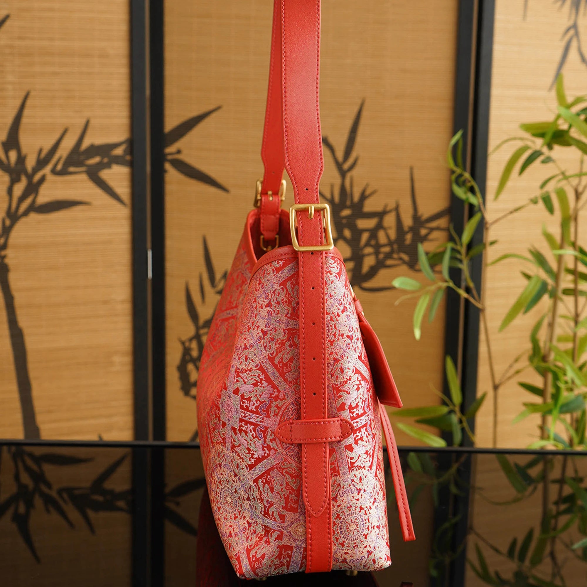 SinoCrafted red Bada Halo Song brocade shoulder bag with genuine leather trim and strap