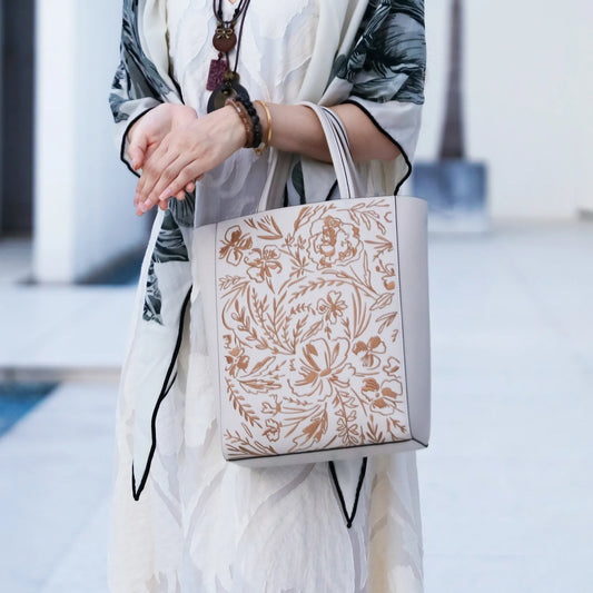 Heritage Chinese Embroidery Leather Tote Bag — Floral Motif Artisan Stitching