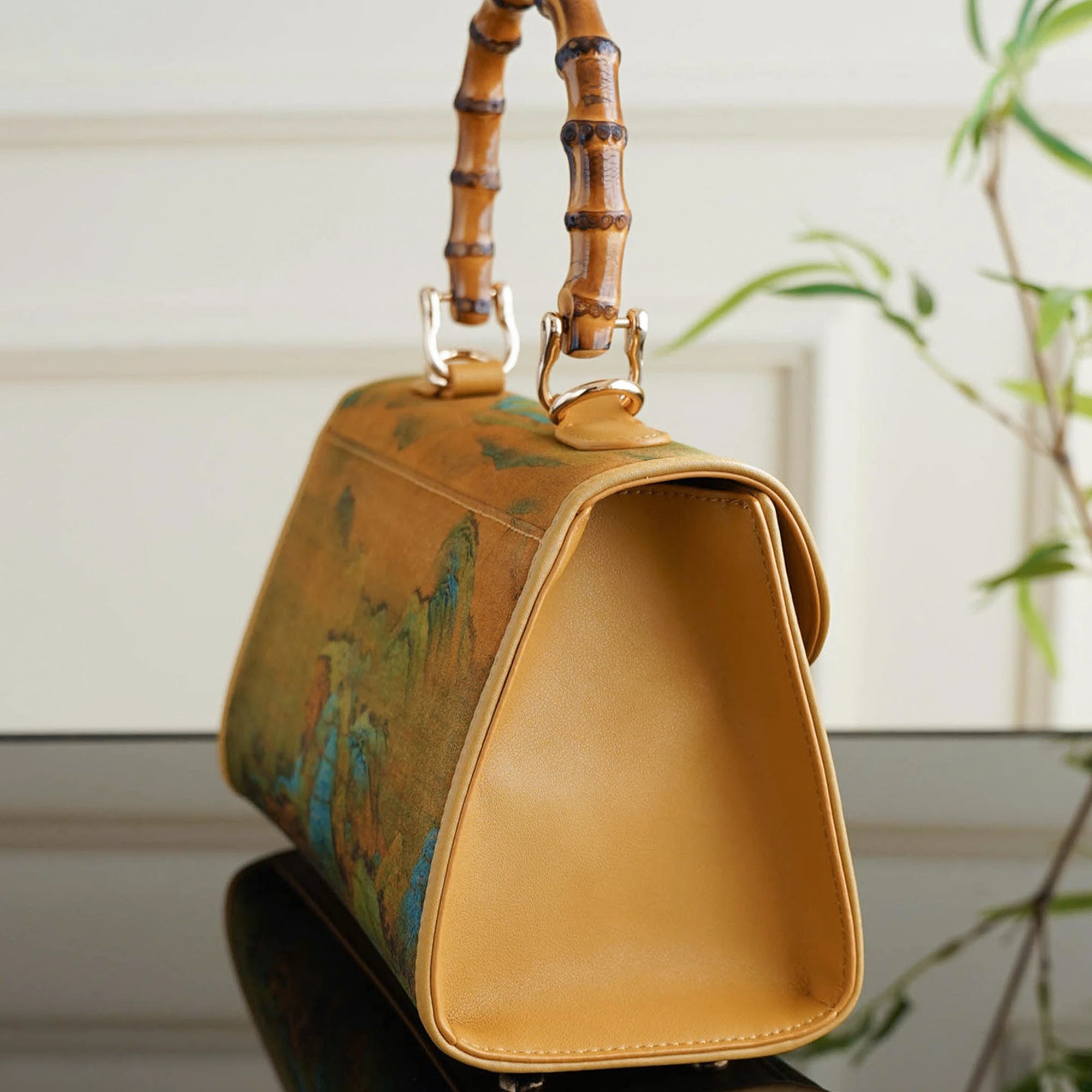 Luxury Chinese Qianli Jiangshan Xiangyun Silk Bamboo Handle Crossbody Bag