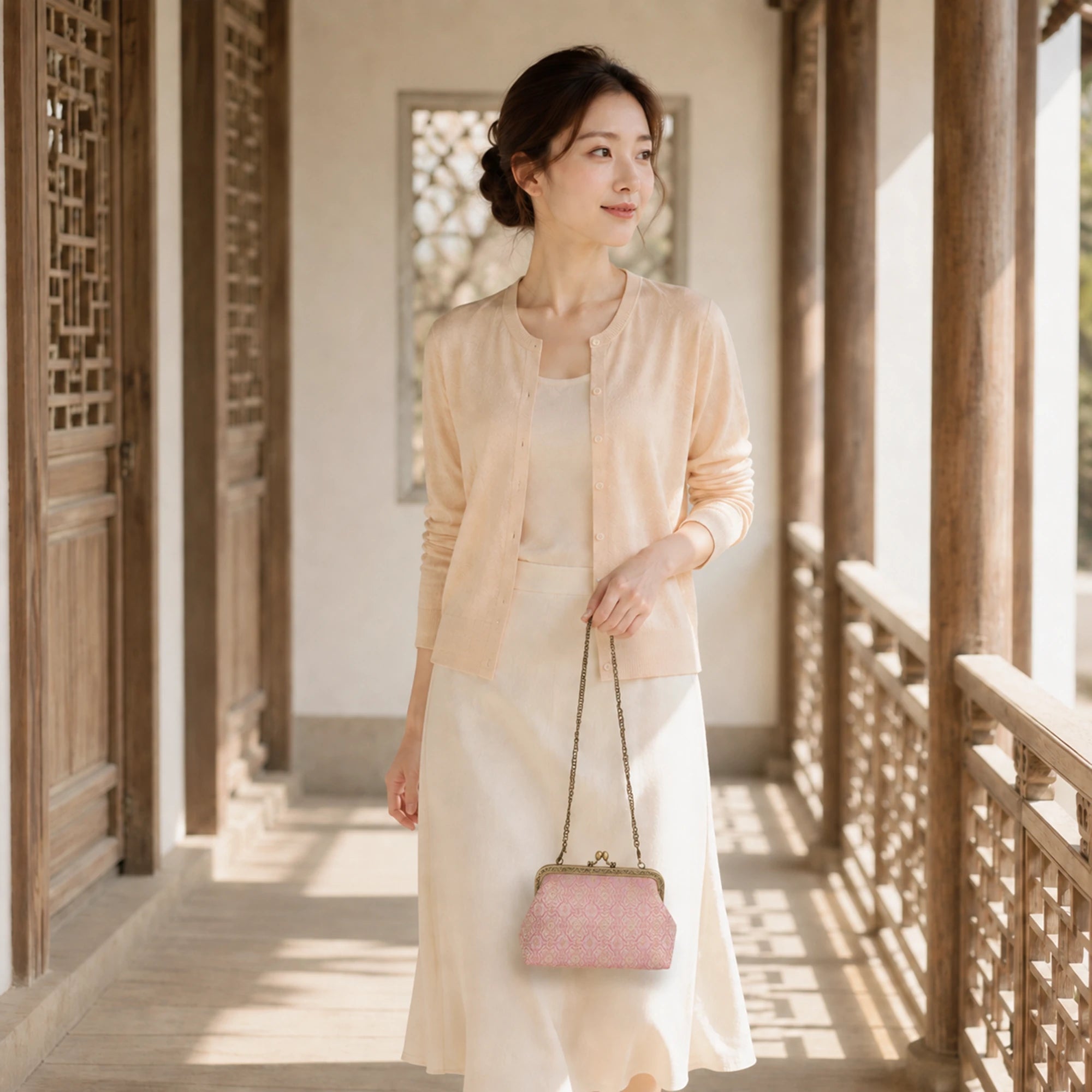 Luxury Chinese Pink Song Brocade Silk Frame Handbag with Dingsheng Motif
