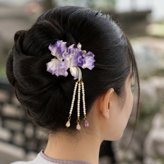 Heritage Iris Ronghua Silk Hair Stick with Pearl Tassels