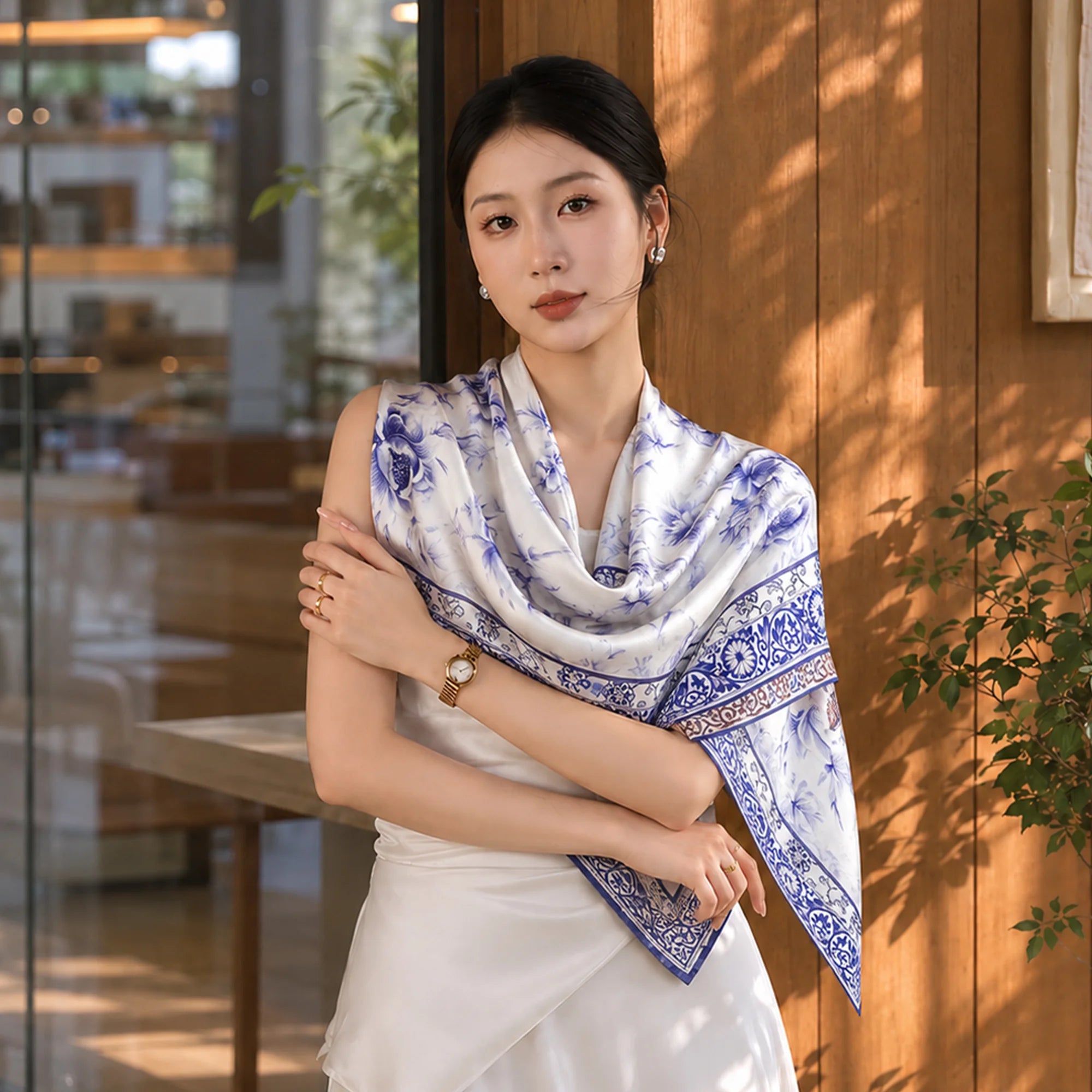 New Chinese Style Blue and White Porcelain Pattern Mulberry Silk Square Scarf