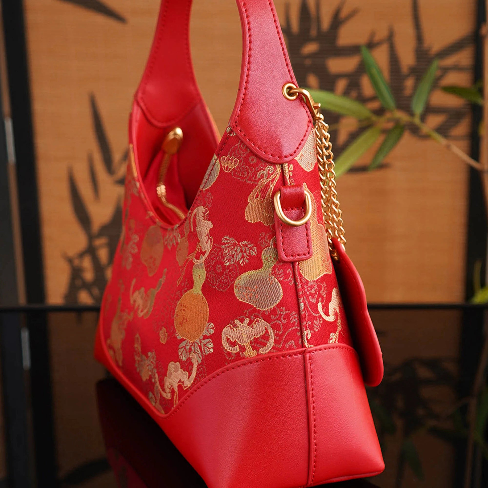 SinoCrafted red and gold Fu Lu gourd Song brocade handbag with genuine leather trim