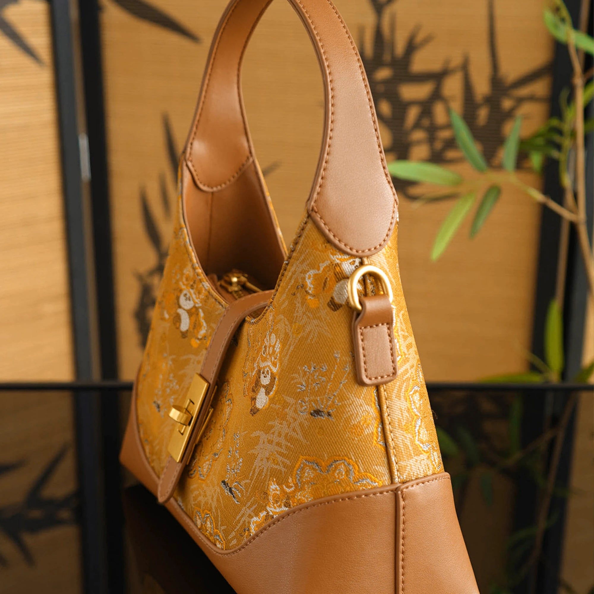 Chinoiserie Luxury Song Brocade Golden Panda Lion Dance Leather Shoulder Bag