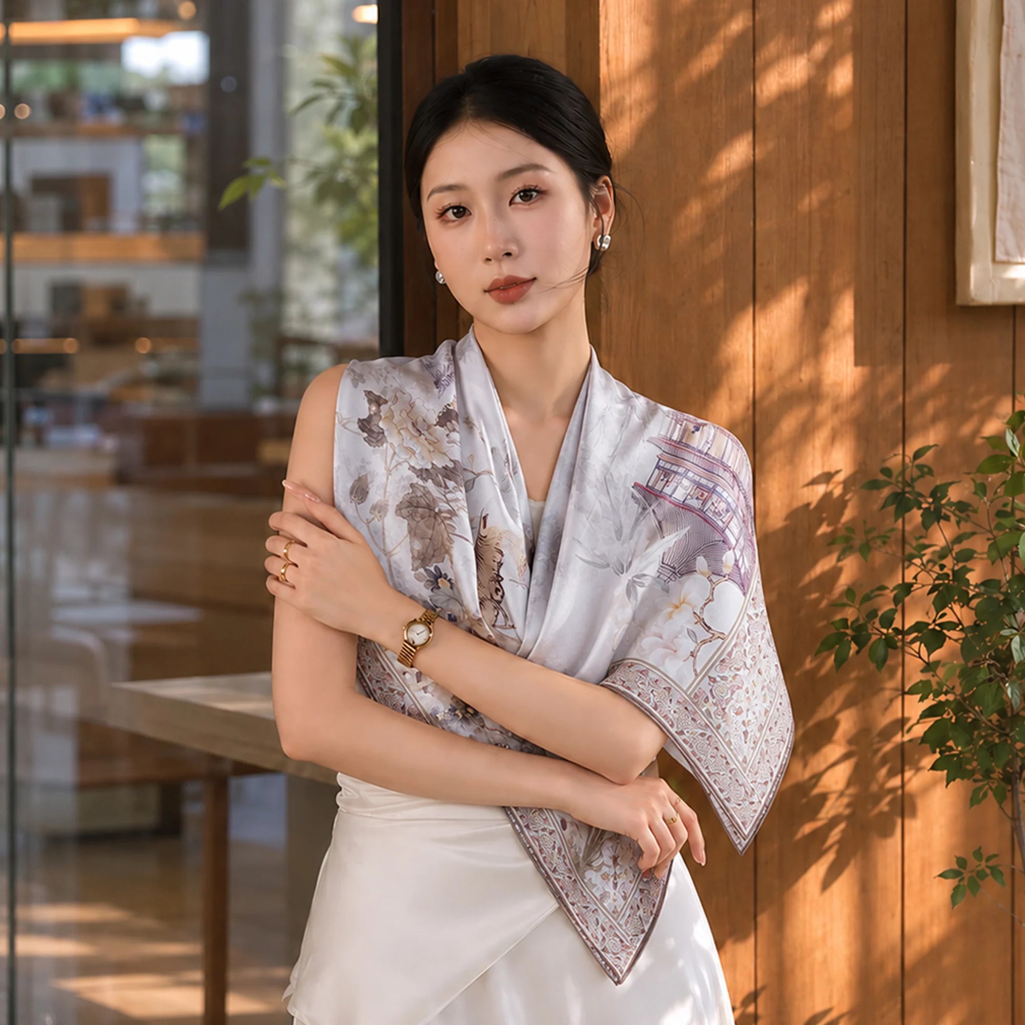 New Chinese Style Mulberry Silk Double-Sided Osmanthus & Orchid Square Scarf