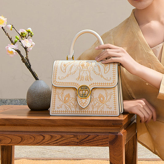 Luxury Chinese Embroidered Leather Handbag with Morning Glory Motifs