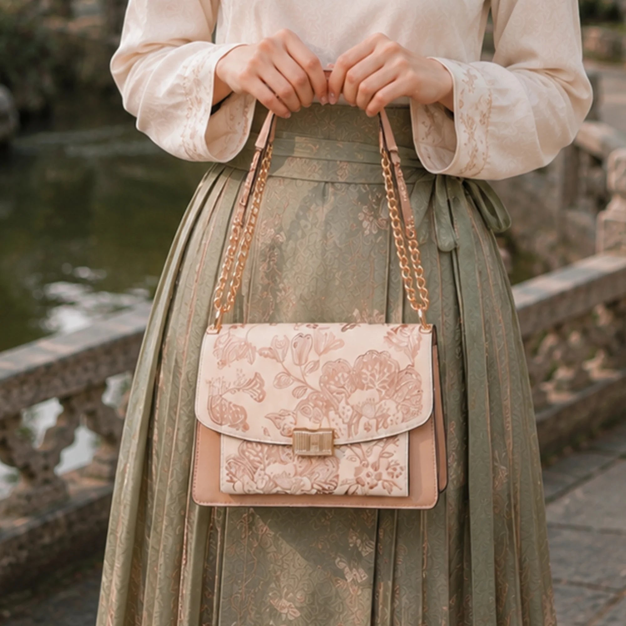 Heritage Crabapple Blossom Su Embroidery Leather Chain Accordion Bag