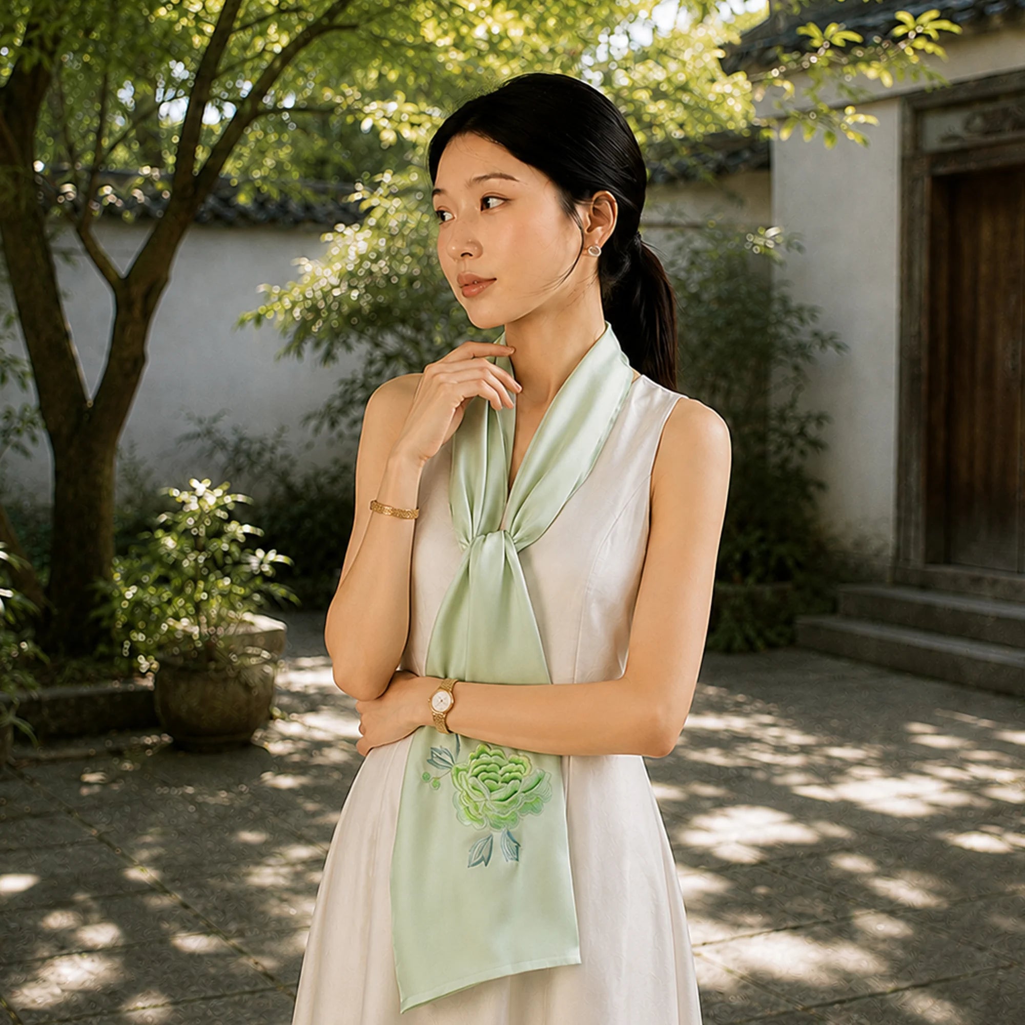 Hand-Embroidered Su Embroidery Mulberry Silk Scarf — "Jade Blossom"