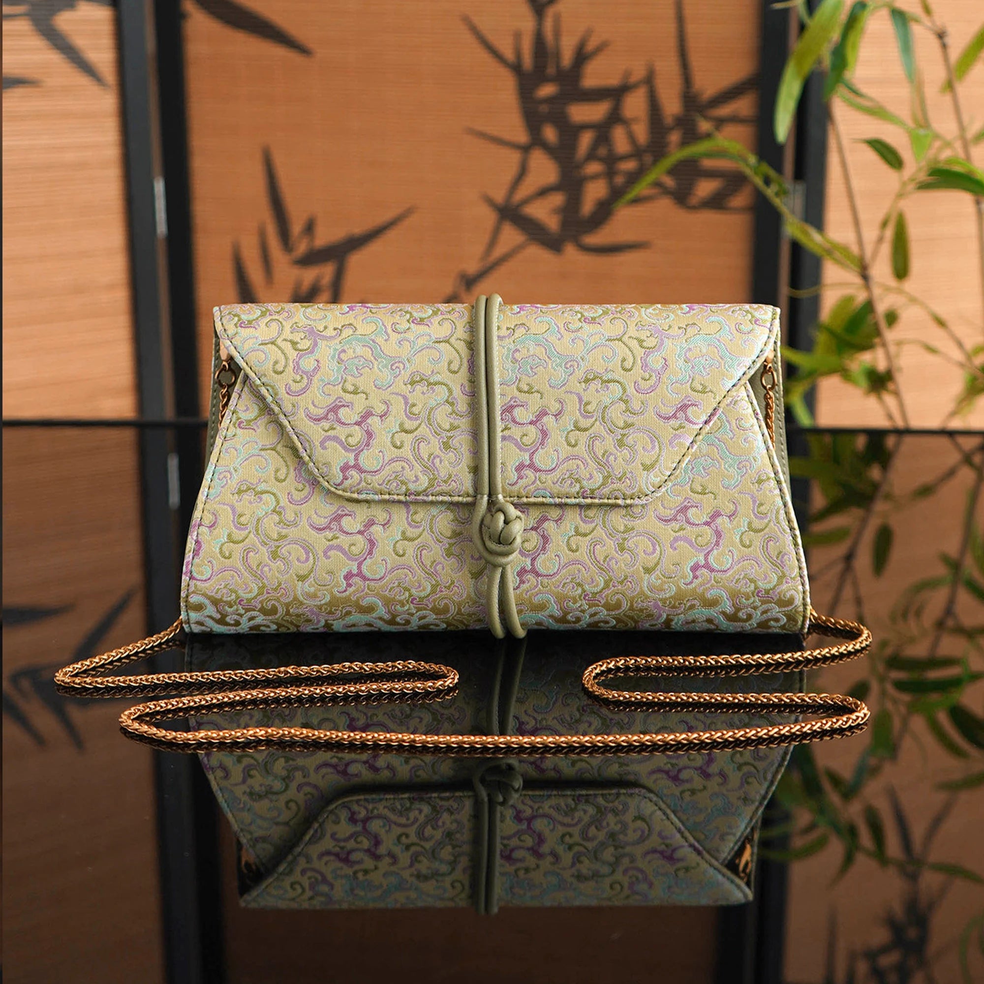Chinoiserie Luxury Song Brocade Scrolling Vine Kui Dragon Leather Clutch Bag