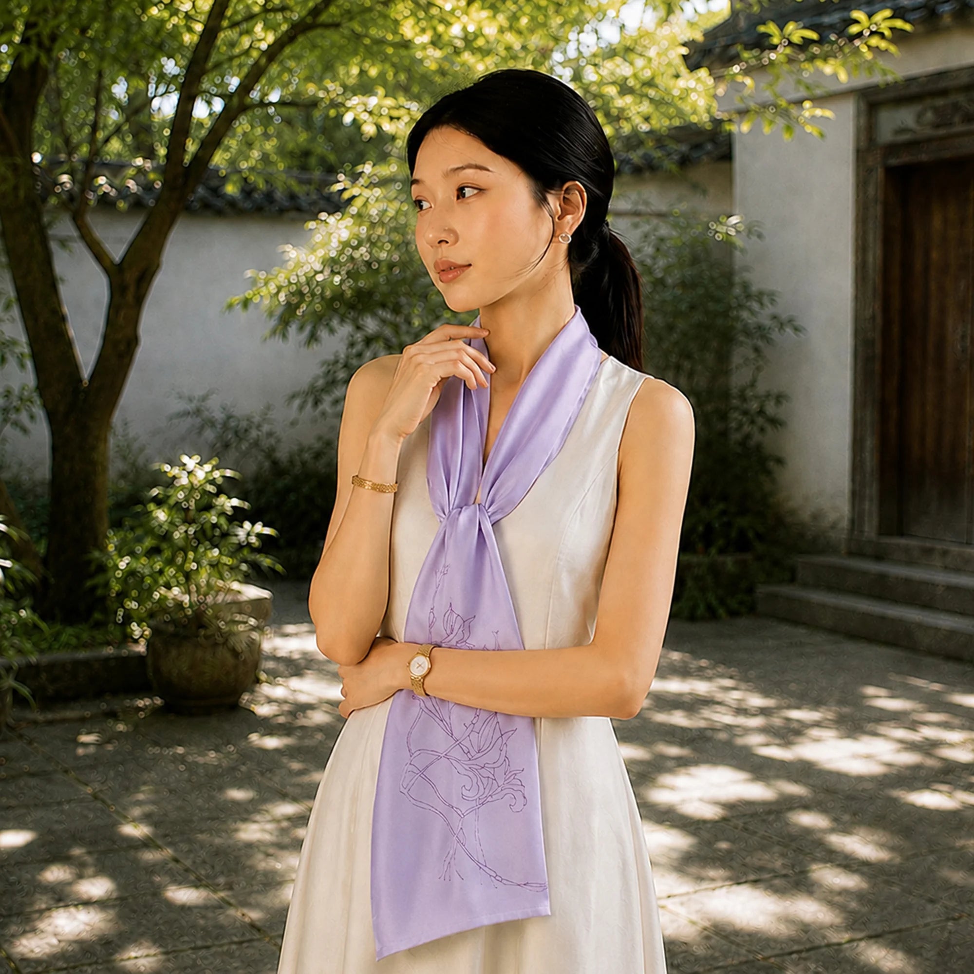 Heritage Magnolia Motif Mulberry Silk Scarf — "Jade Bloom"
