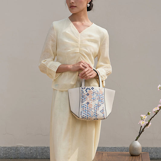 Architectural Geometric Embroidered Genuine Leather Tote Bag