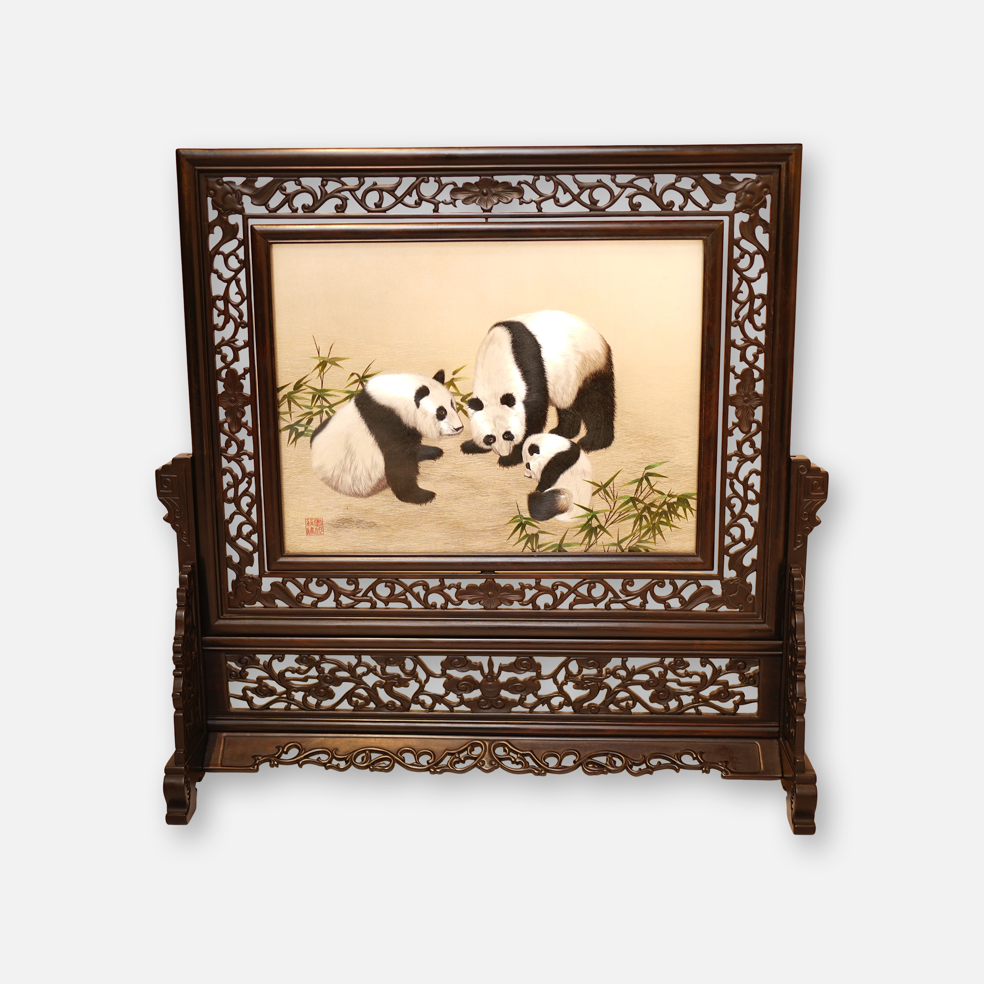 Chinese Panda Family Suzhou Embroidery Table Screen - Handcrafted Blackwood Frame